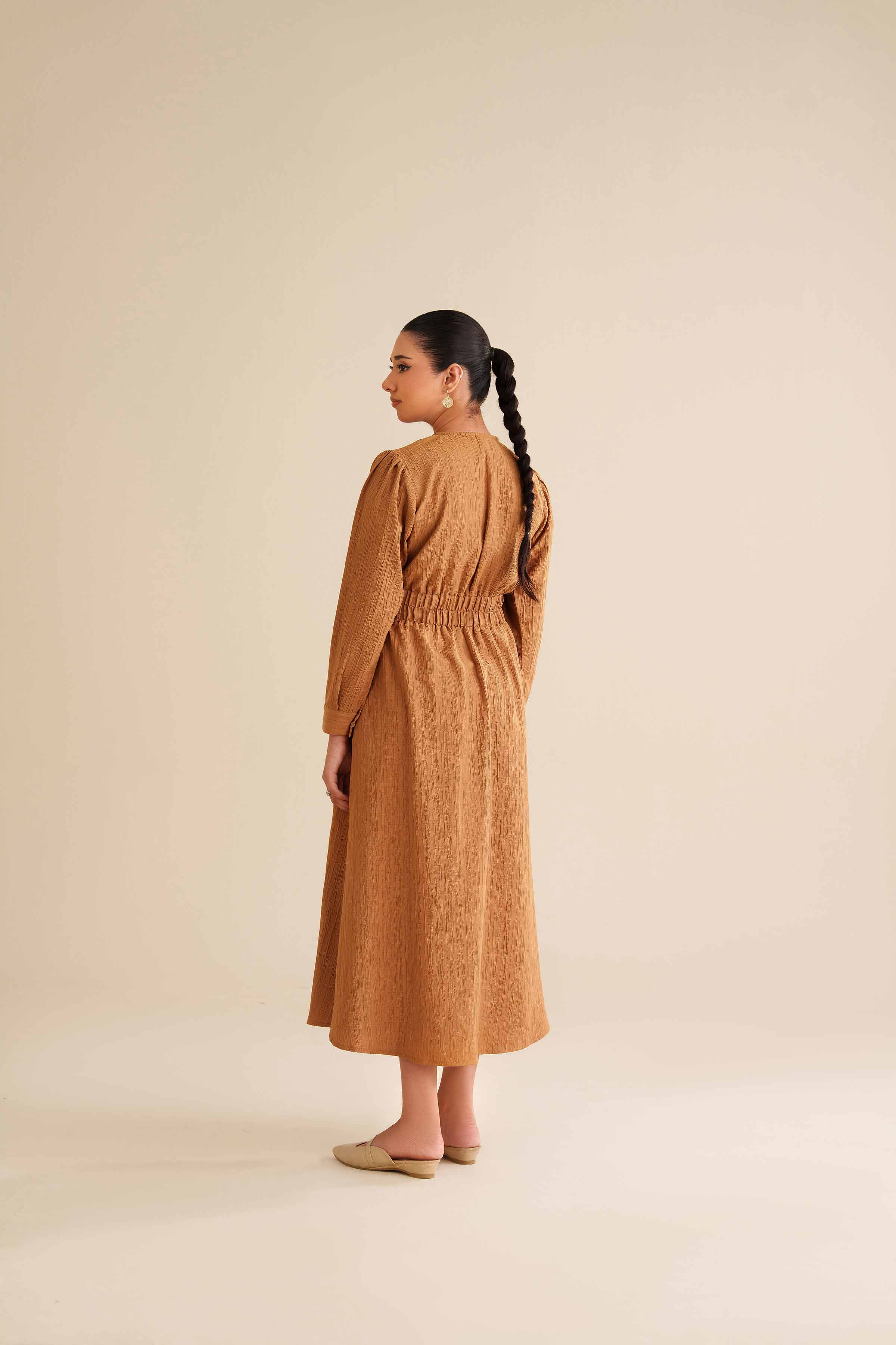 NishatUK - Yellow Solids Stripe Crinkle 1-piece ready to wear Long Dress