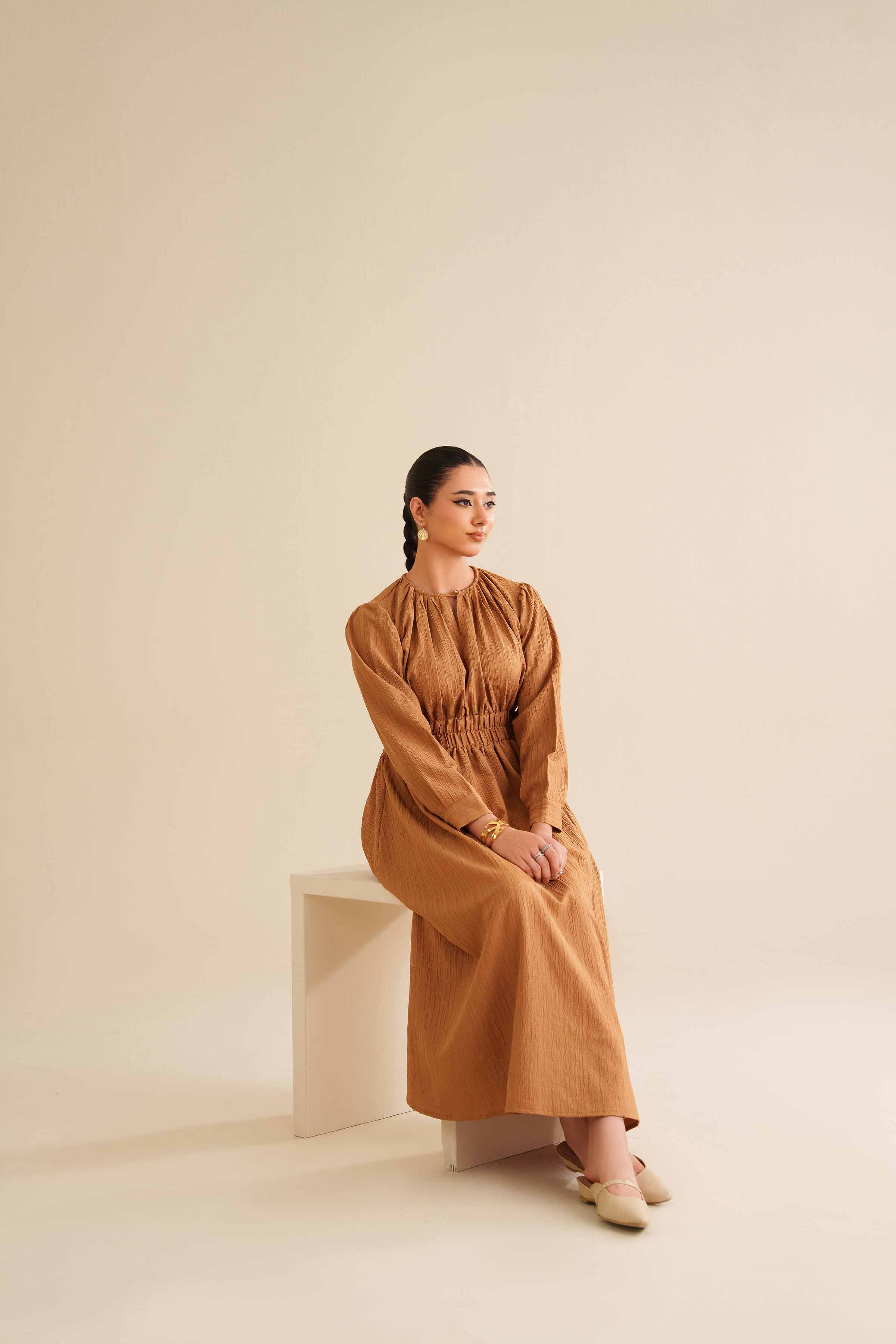 NishatUK - Yellow Solids Stripe Crinkle 1-piece ready to wear Long Dress