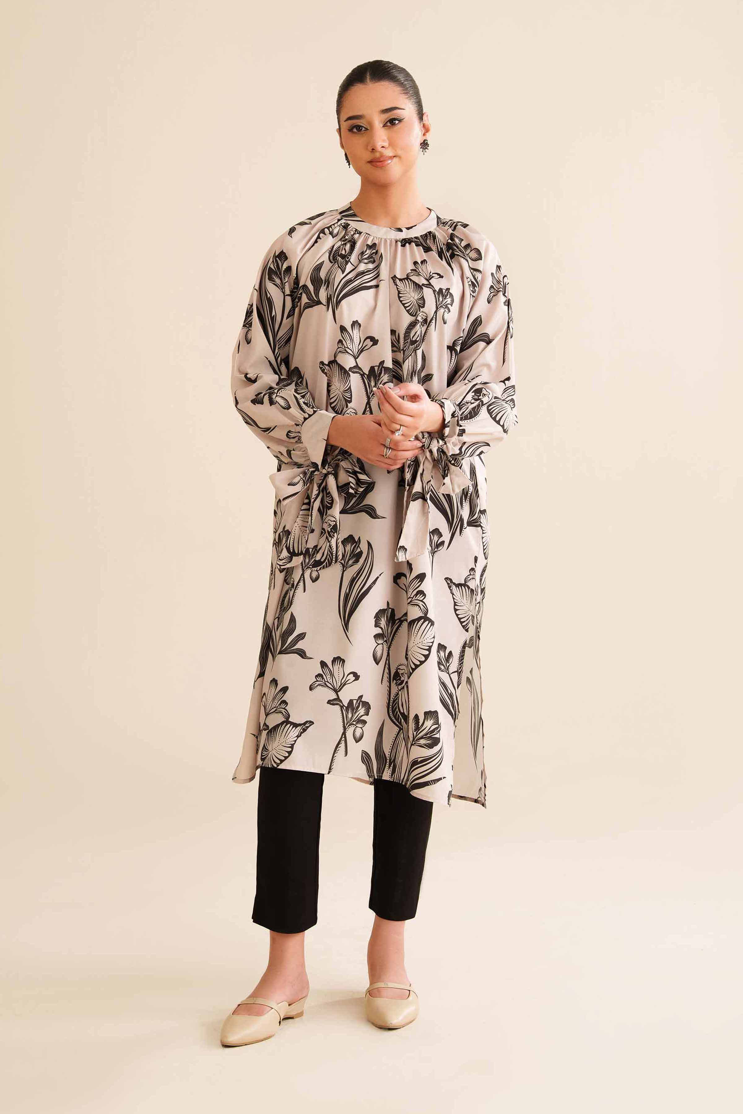 NishatUK - Beige Printed Silk 1-piece ready to wear Tunic