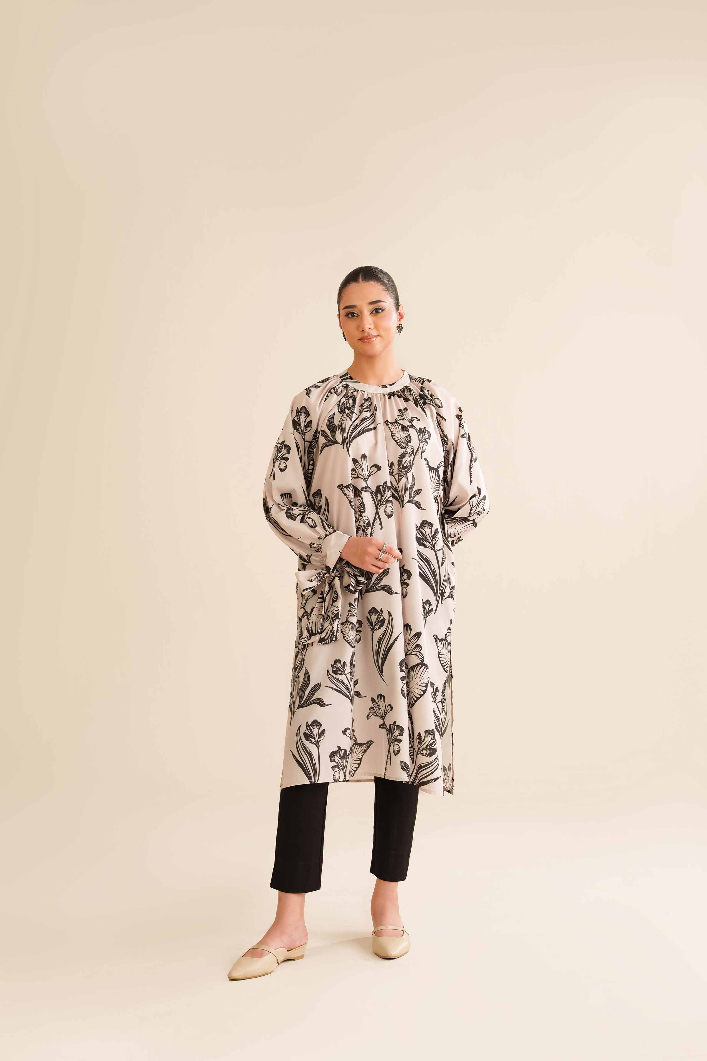 NishatUK - Beige Printed Silk 1-piece ready to wear Tunic