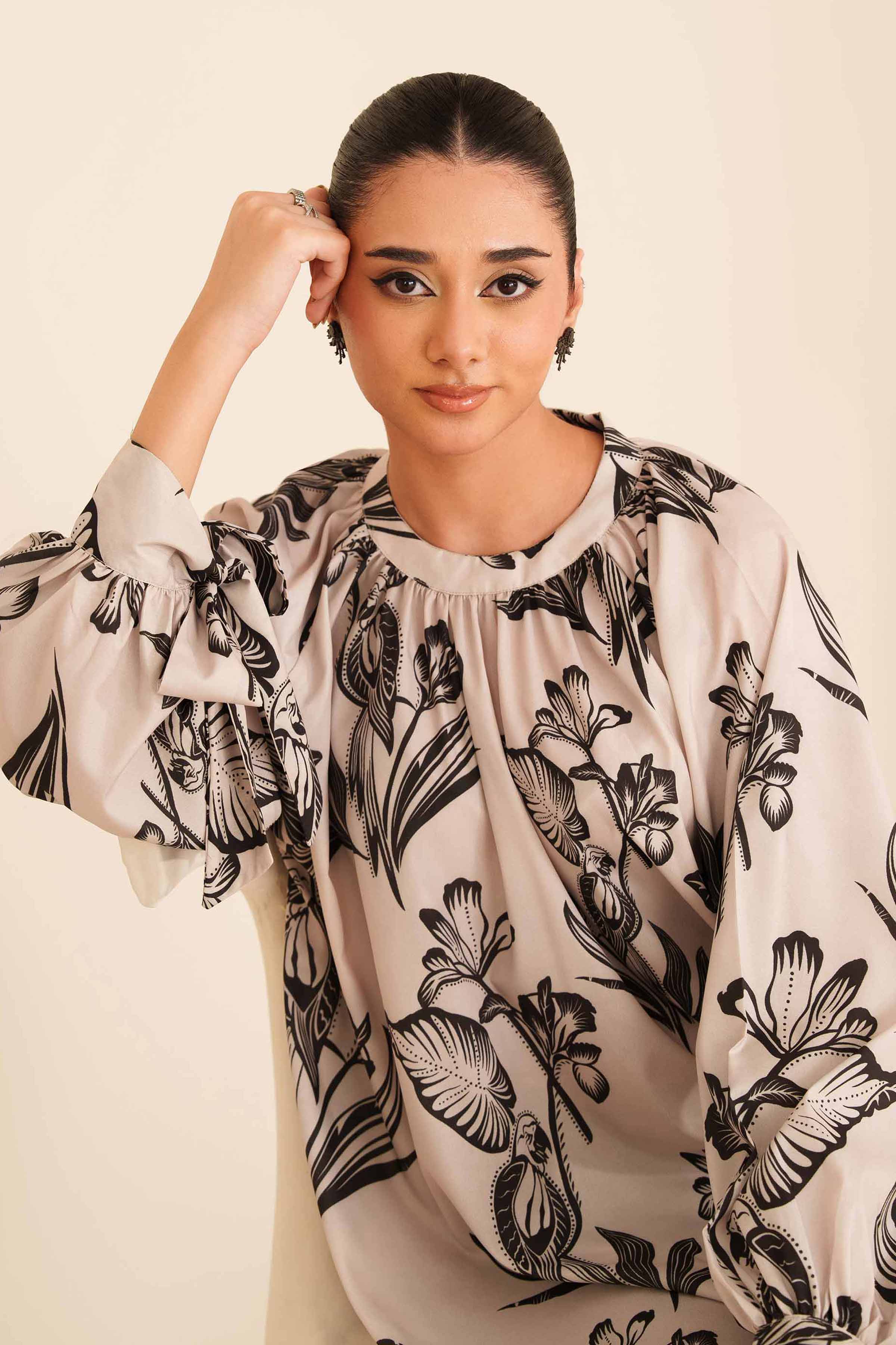 NishatUK - Beige Printed Silk 1-piece ready to wear Tunic
