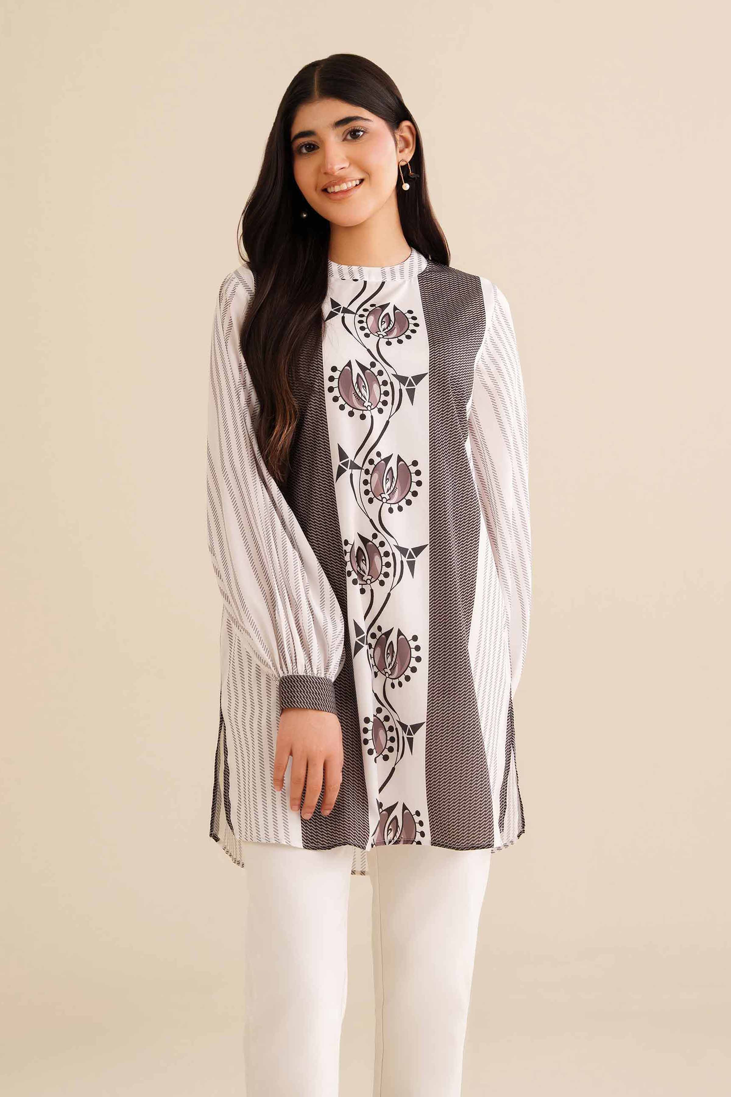NishatUK - White Printed Silk 1-piece ready to wear Tunic