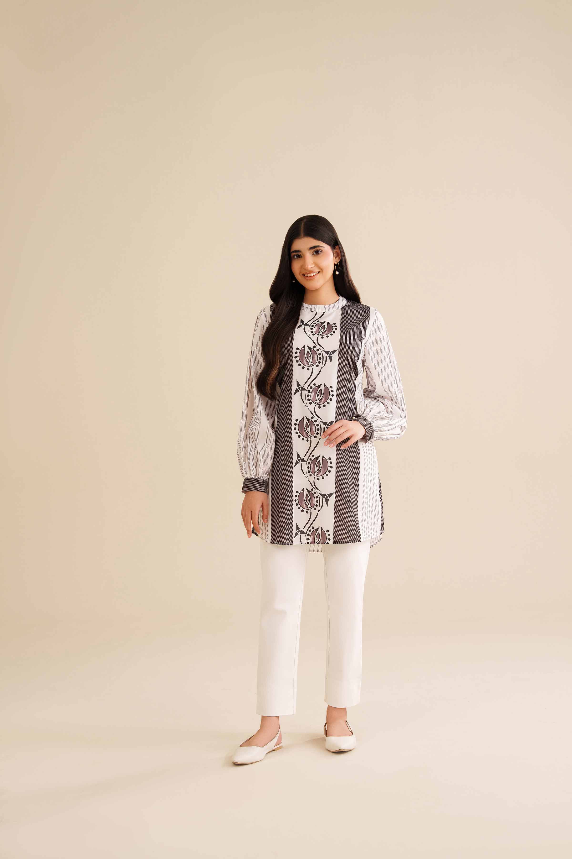 NishatUK - White Printed Silk 1-piece ready to wear Tunic