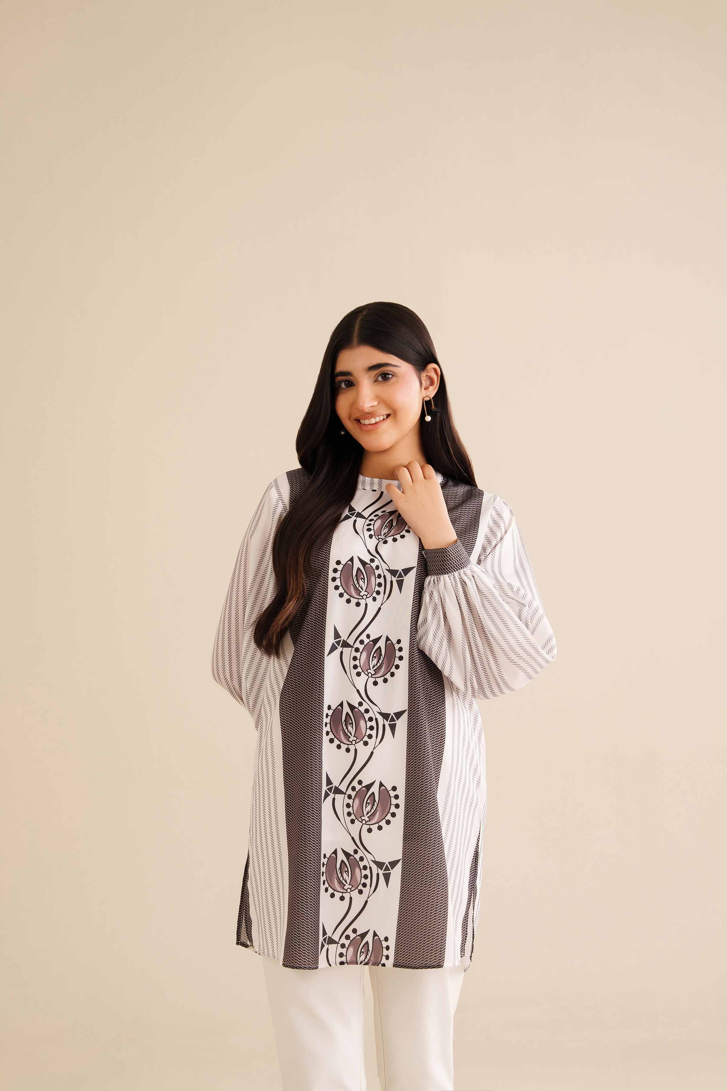 NishatUK - White Printed Silk 1-piece ready to wear Tunic