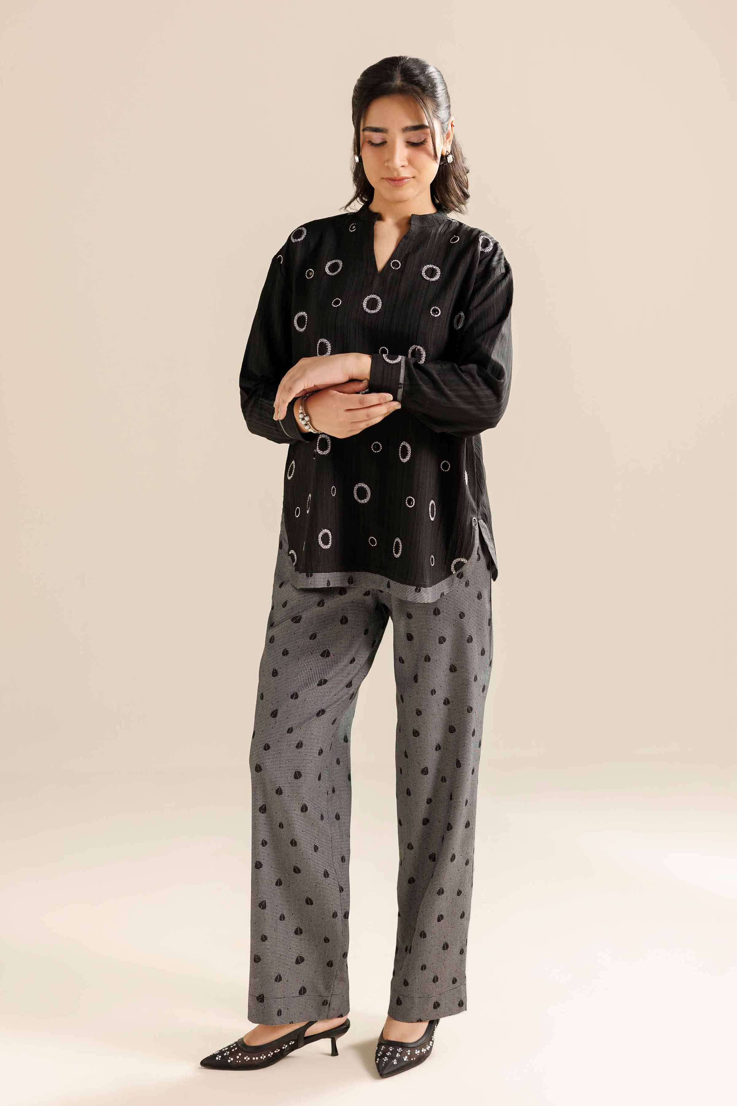 NishatUK - Black Stripe Crinkle 2-piece ready to wear Dress