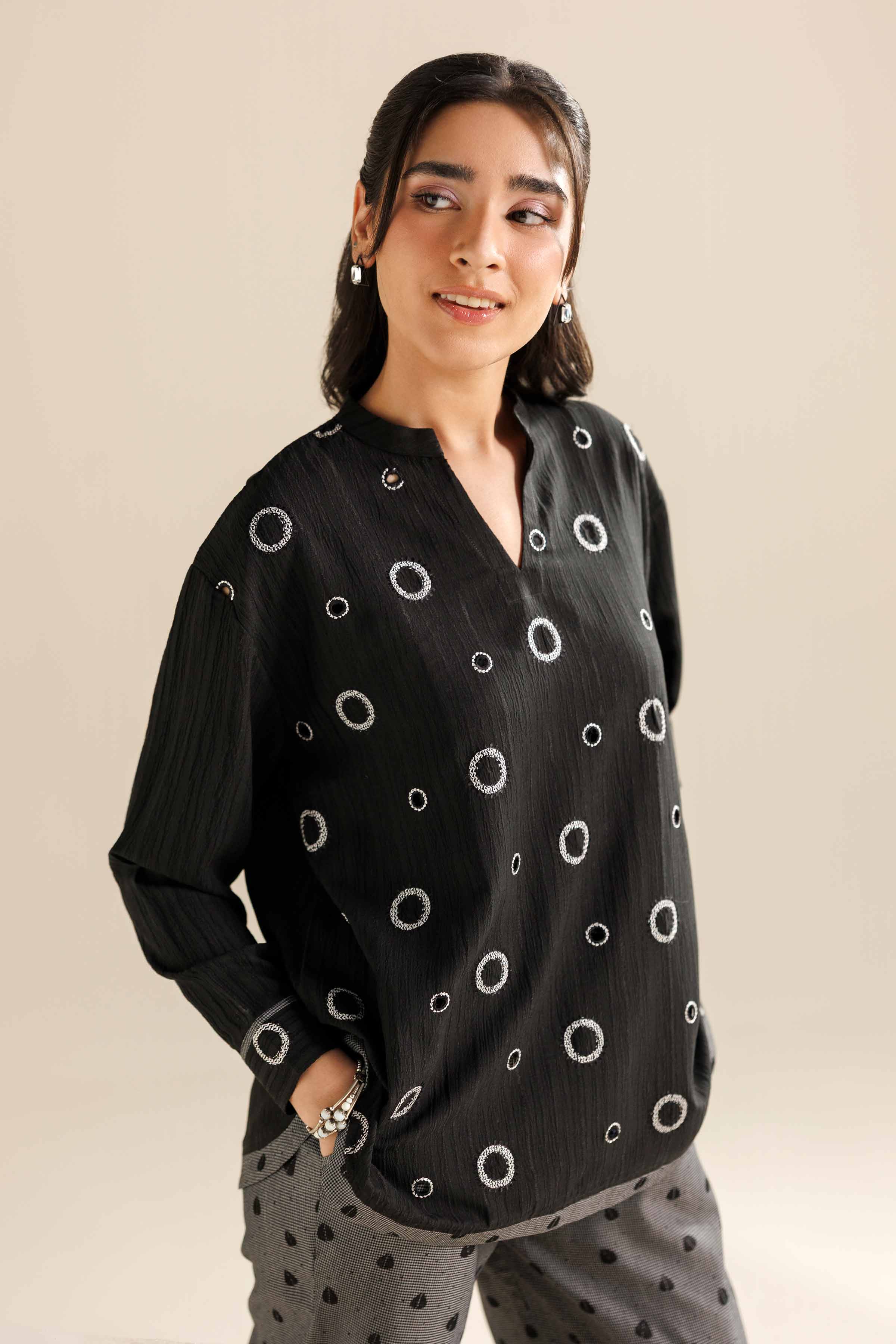 NishatUK - Black Stripe Crinkle 2-piece ready to wear Dress