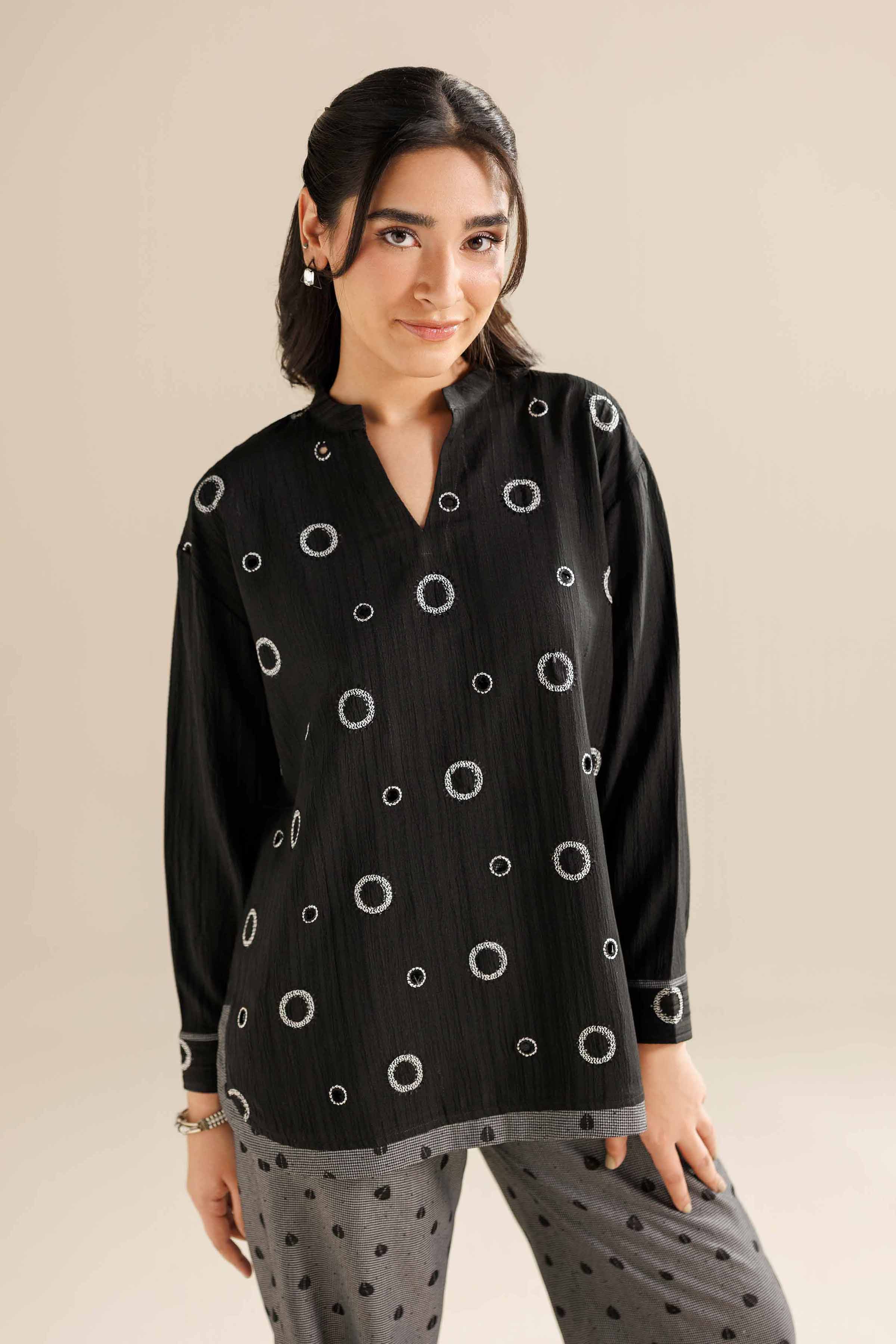 NishatUK - Black Stripe Crinkle 2-piece ready to wear Dress