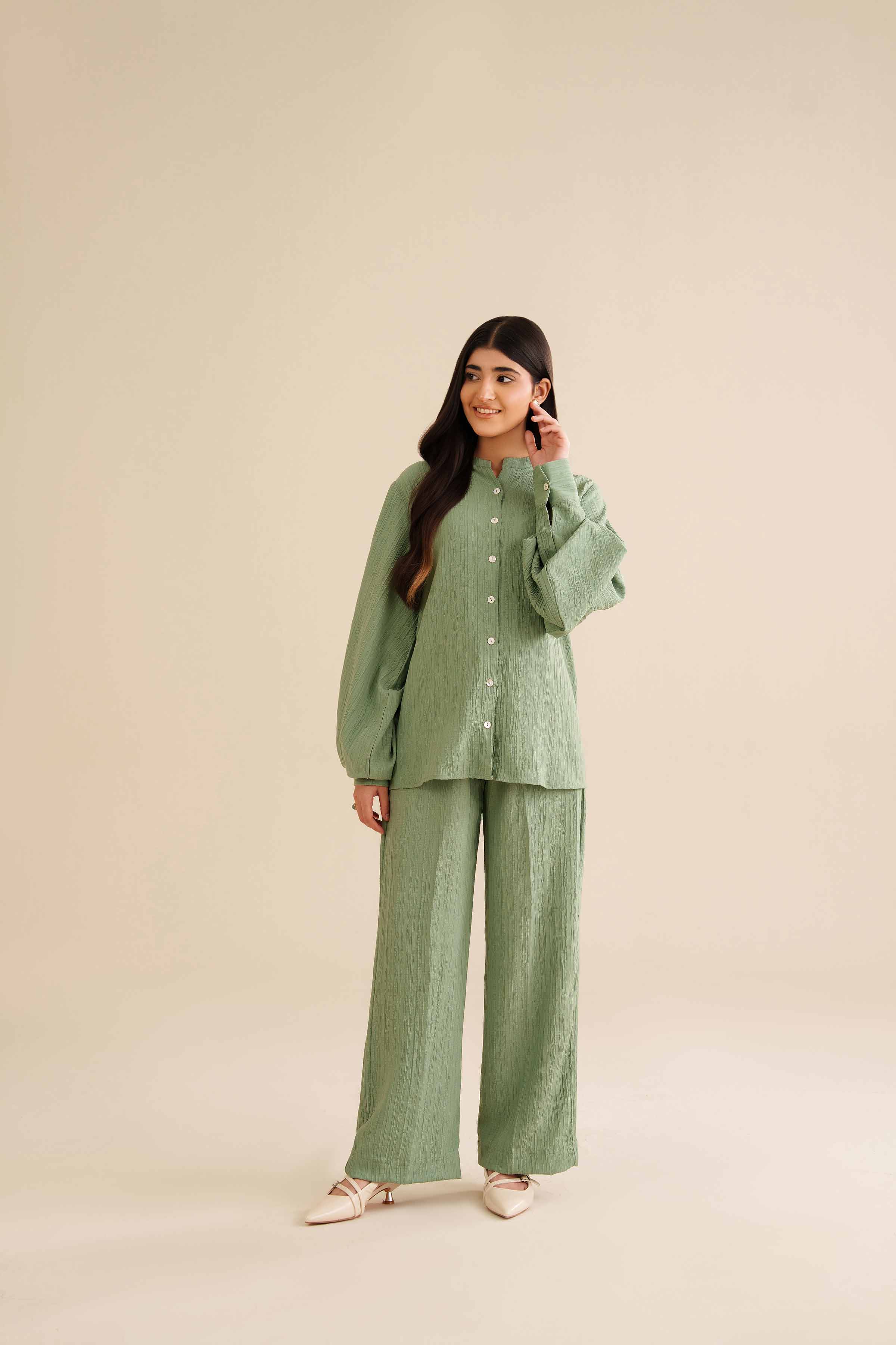 NishatUK - Pistachio Solids Stripe crinkle 2-piece ready to wear Dress