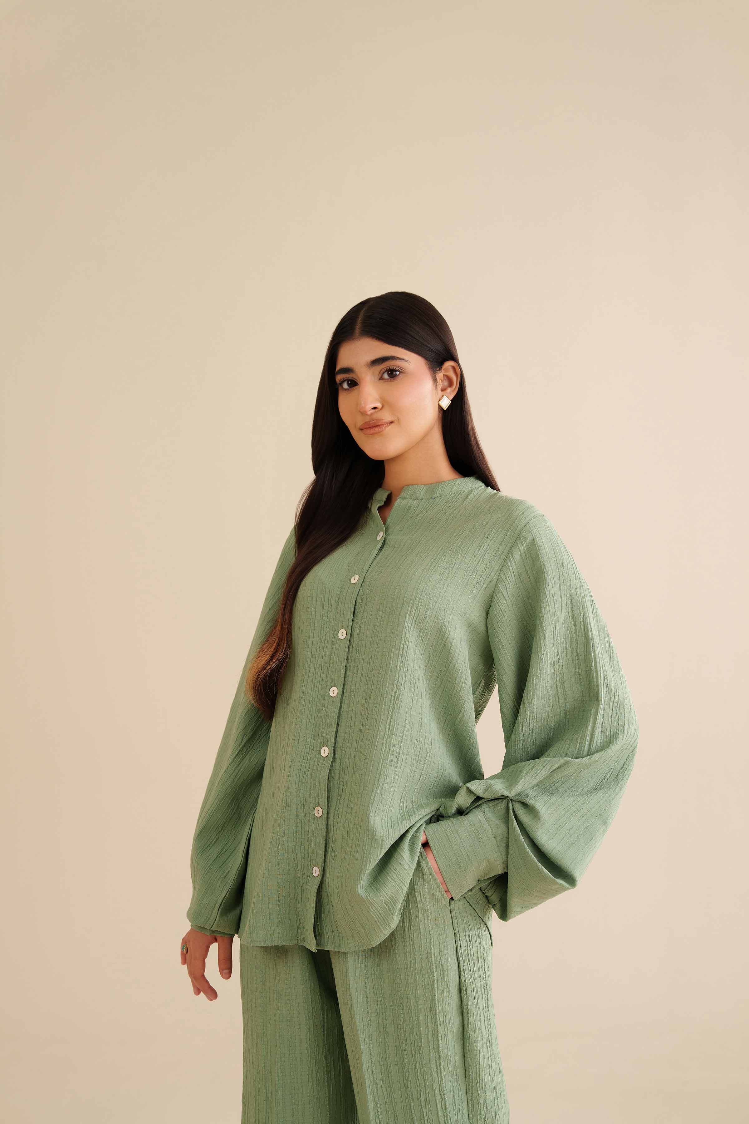 NishatUK - Pistachio Solids Stripe crinkle 2-piece ready to wear Dress