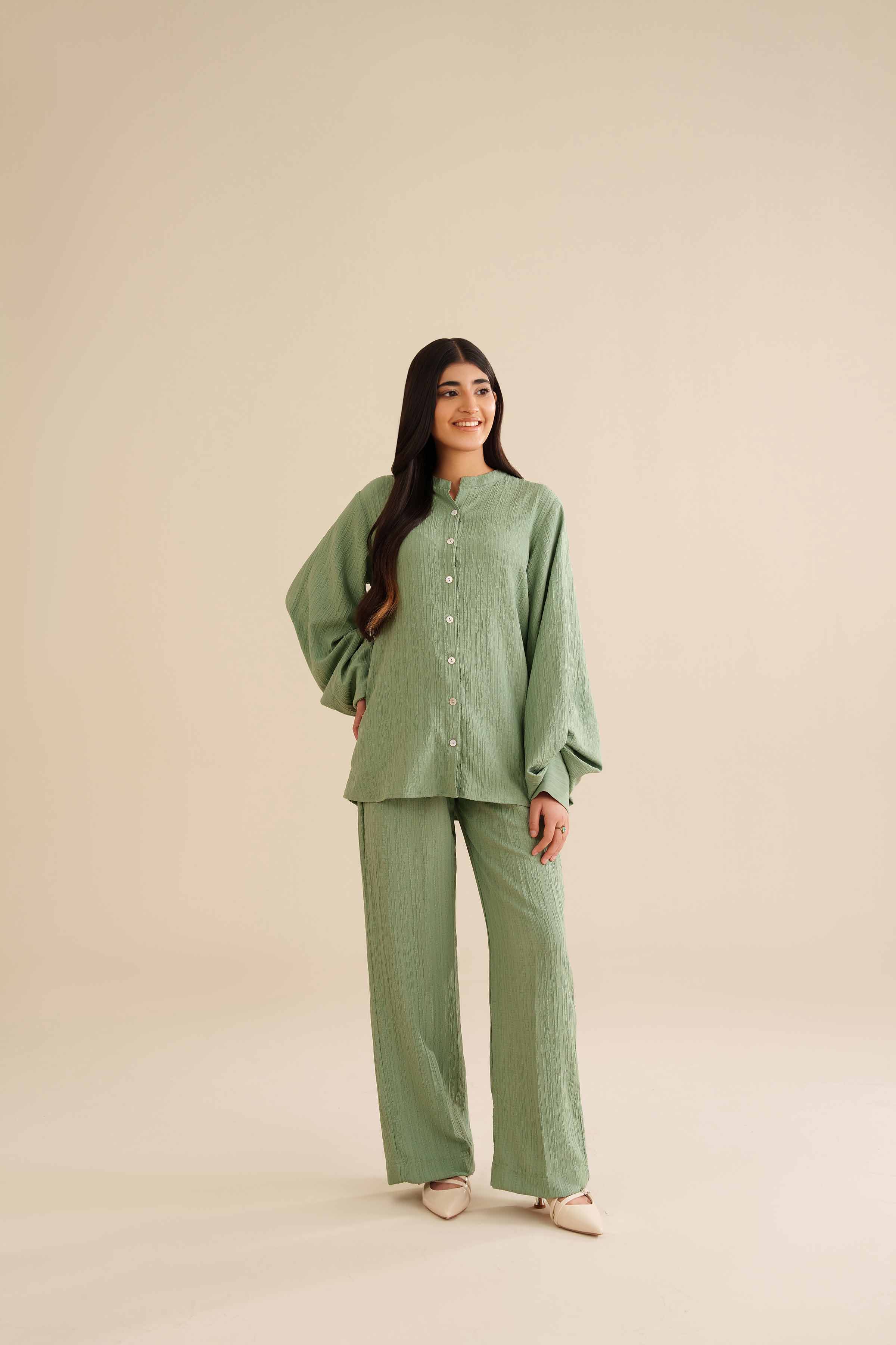 NishatUK - Pistachio Solids Stripe crinkle 2-piece ready to wear Dress