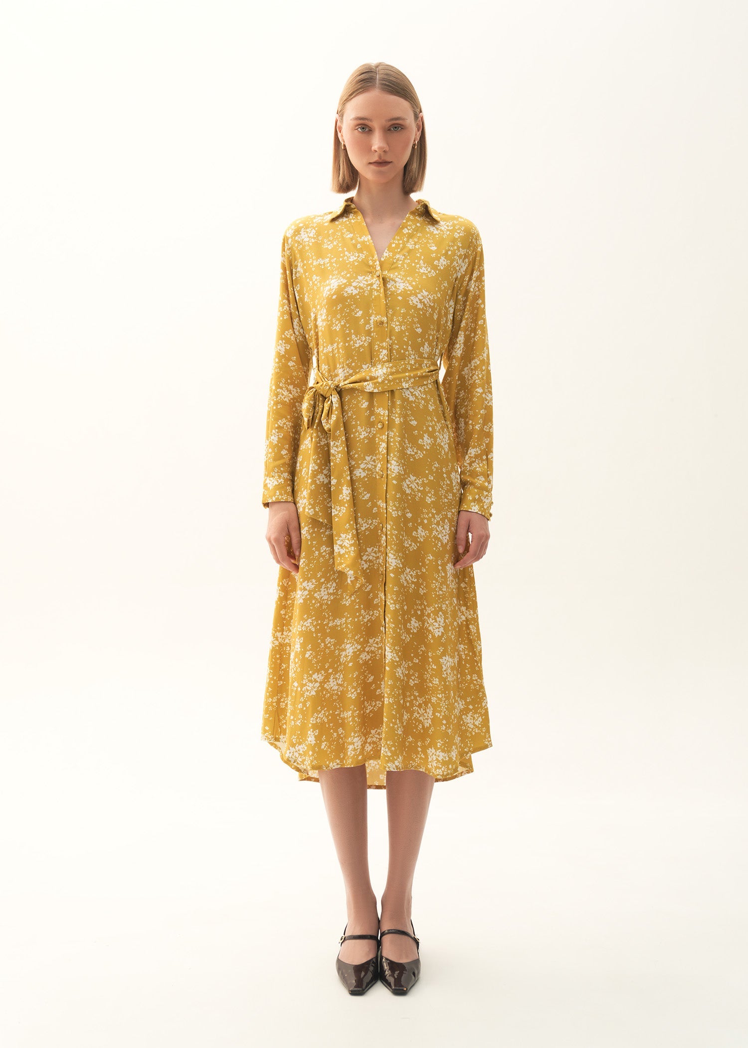 NishatUK - Mustard & White Printed Viscose 1-piece ready to wear Long Dress