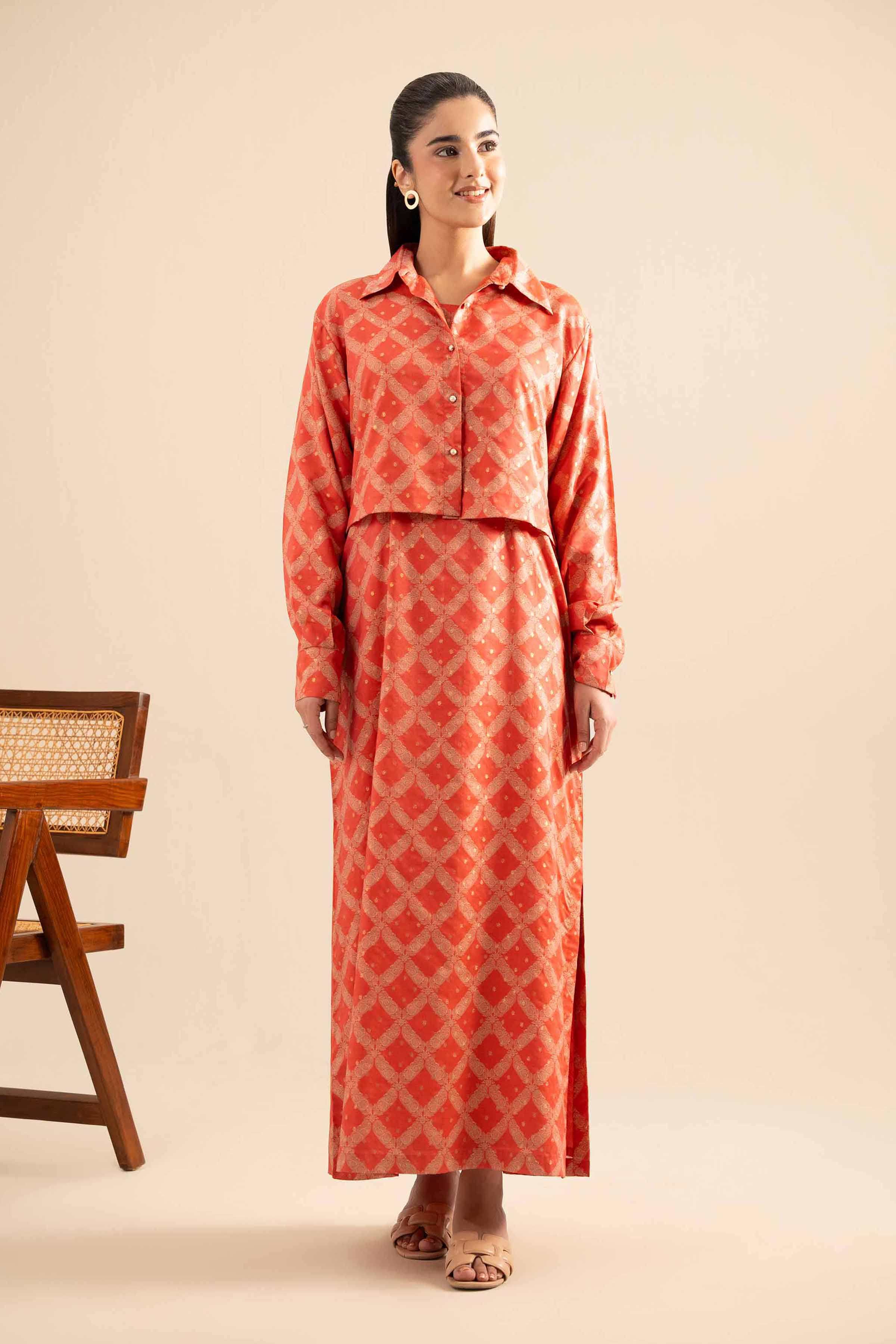 NishatUK - Peach Printed Monar Gold 2-piece ready to wear Long Dress