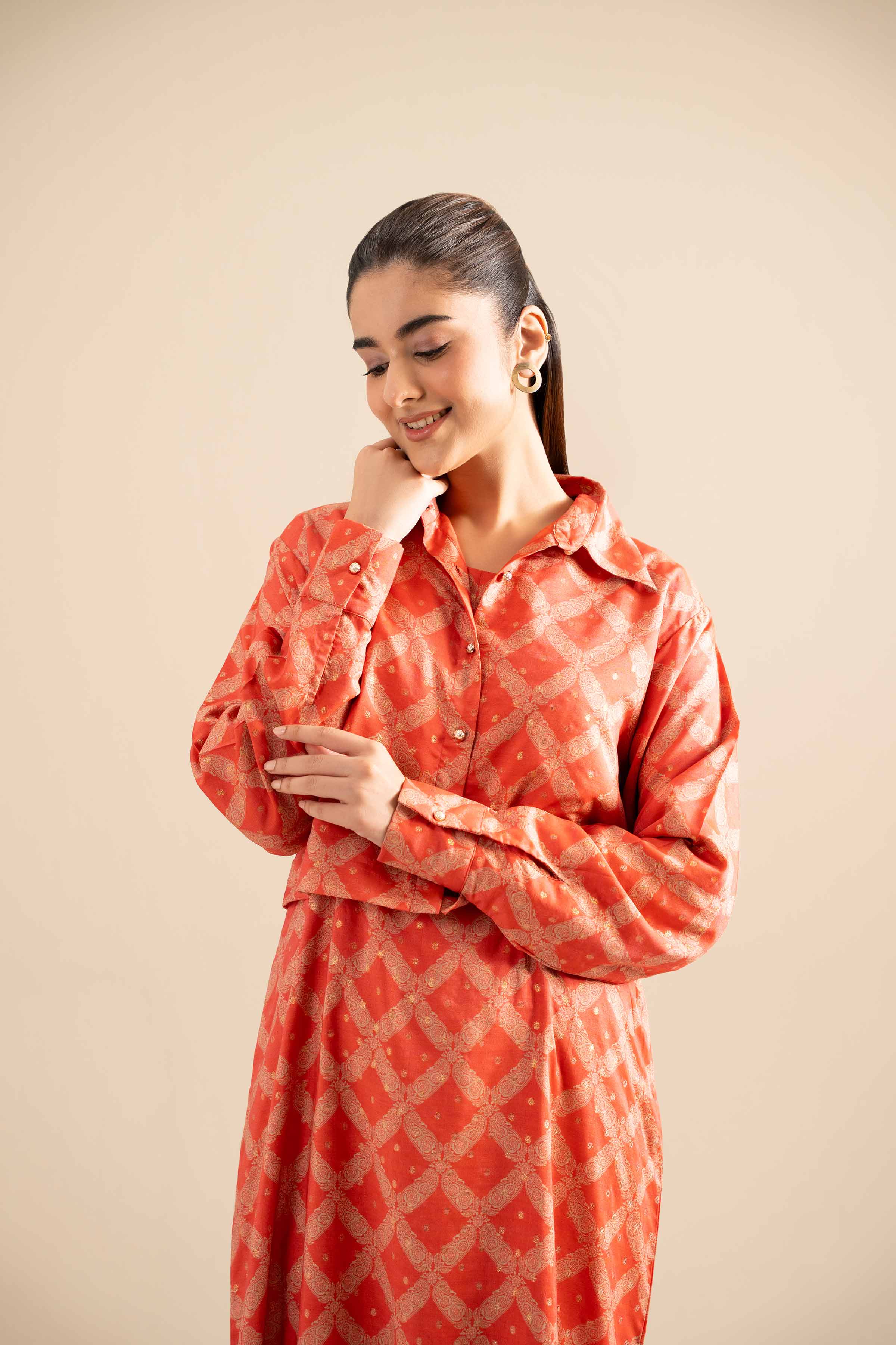 NishatUK - Peach Printed Monar Gold 2-piece ready to wear Long Dress