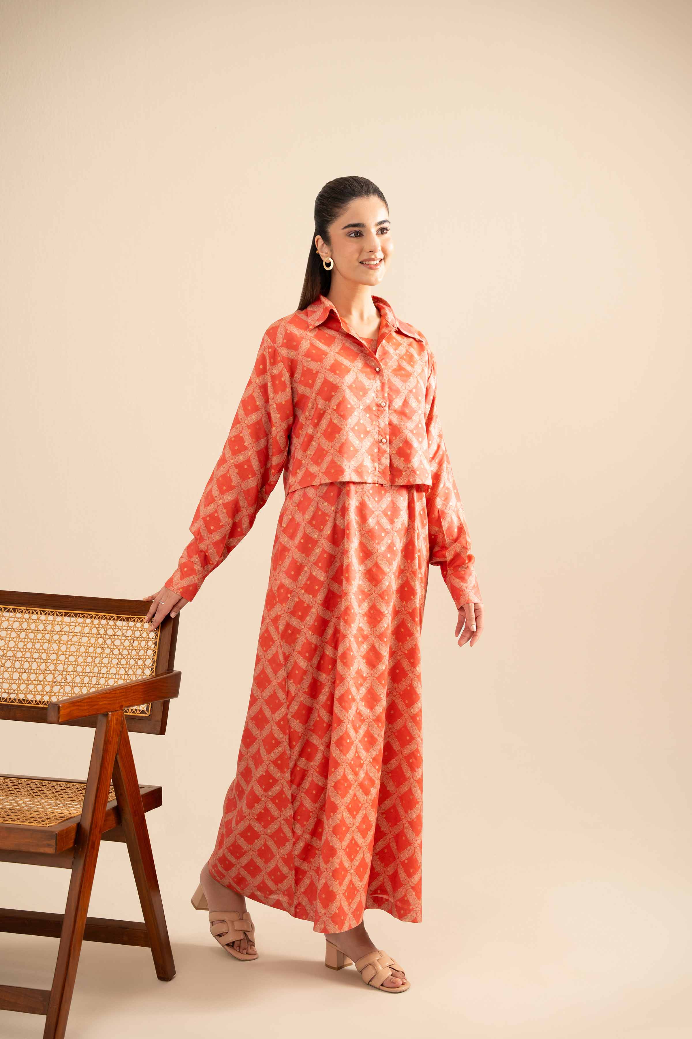 NishatUK - Peach Printed Monar Gold 2-piece ready to wear Long Dress