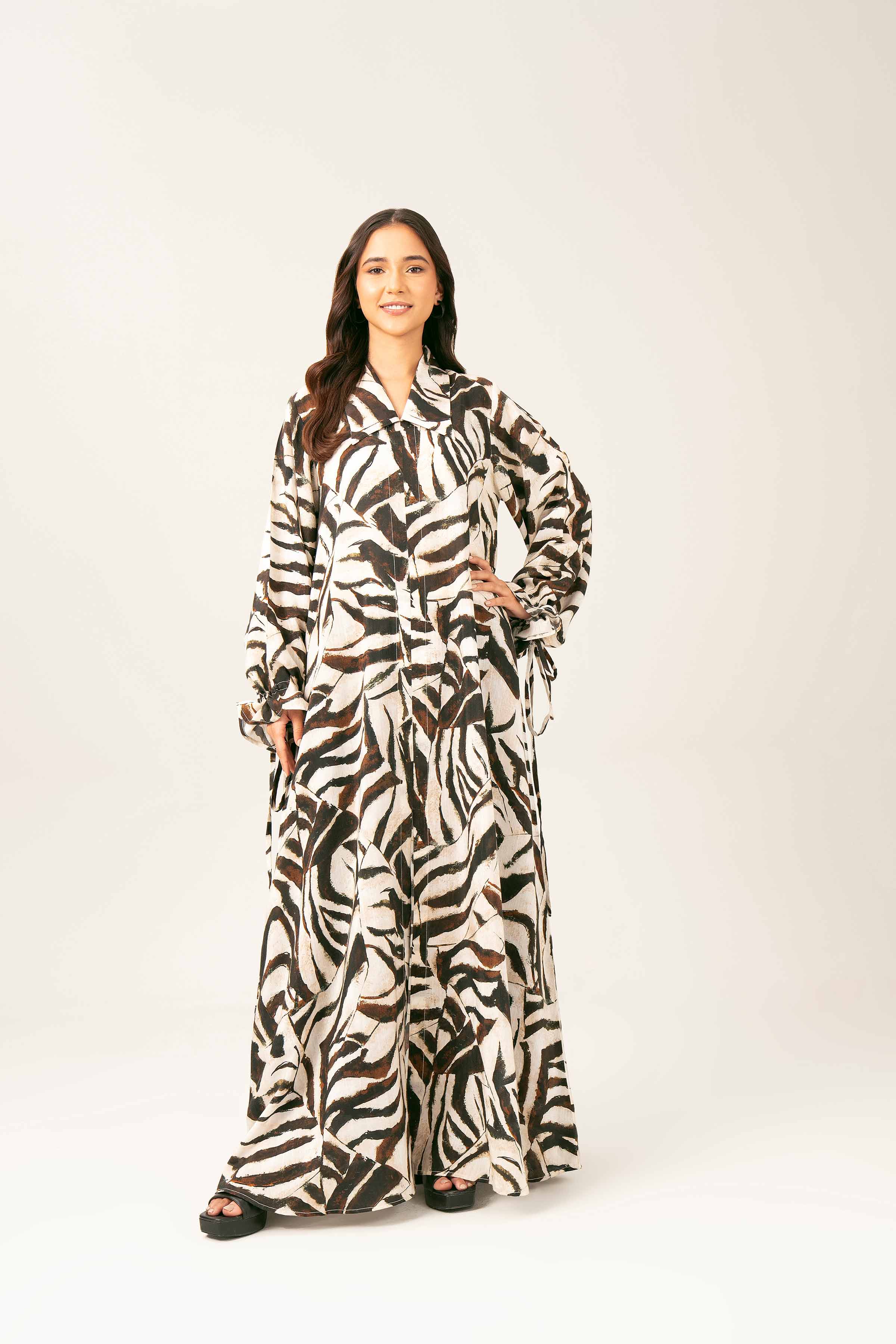 NishatUK - Brown Printed Silk 1-piece ready to wear Long Dress