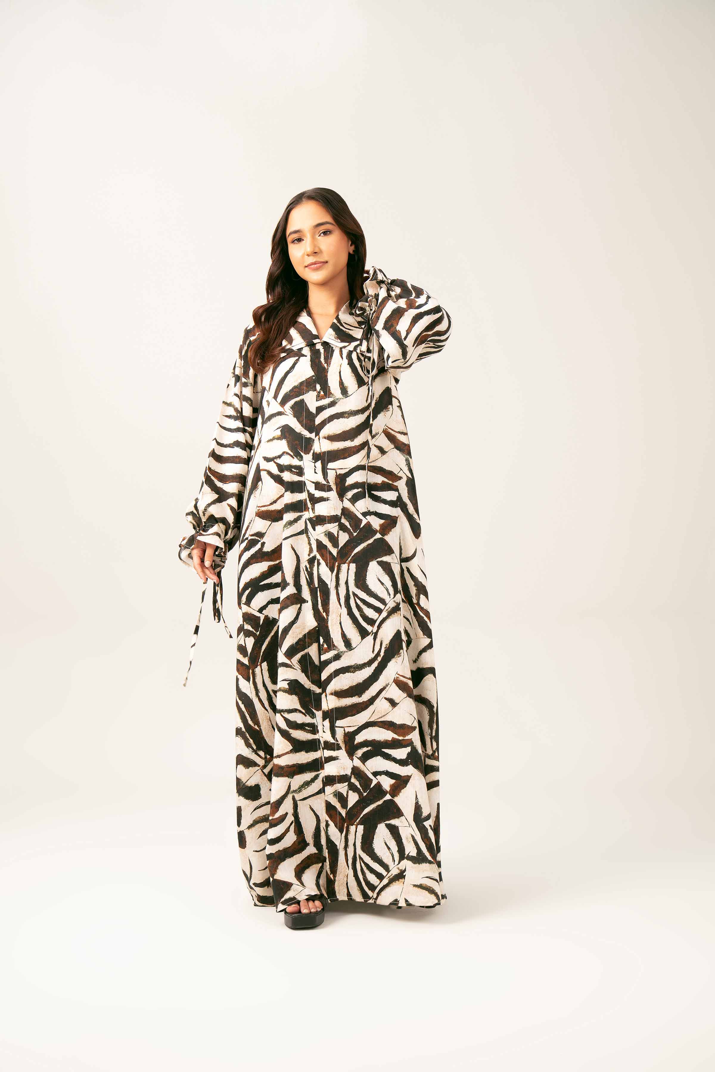 NishatUK - Brown Printed Silk 1-piece ready to wear Long Dress