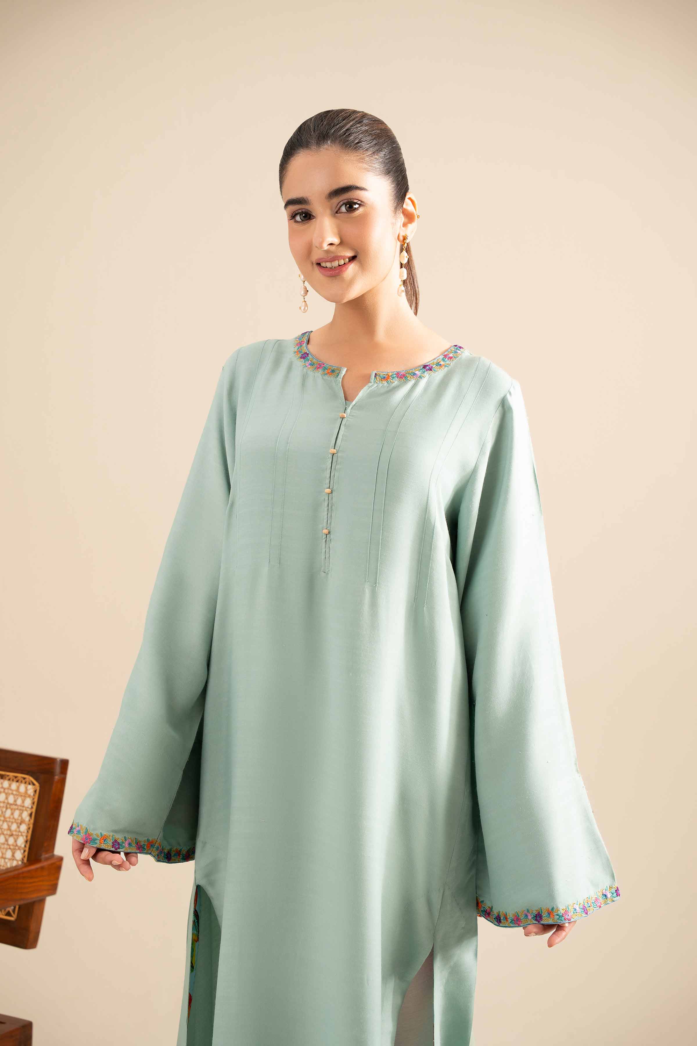 NishatUK - Sea Green Embroidered Silk 1-piece ready to wear Long Dress