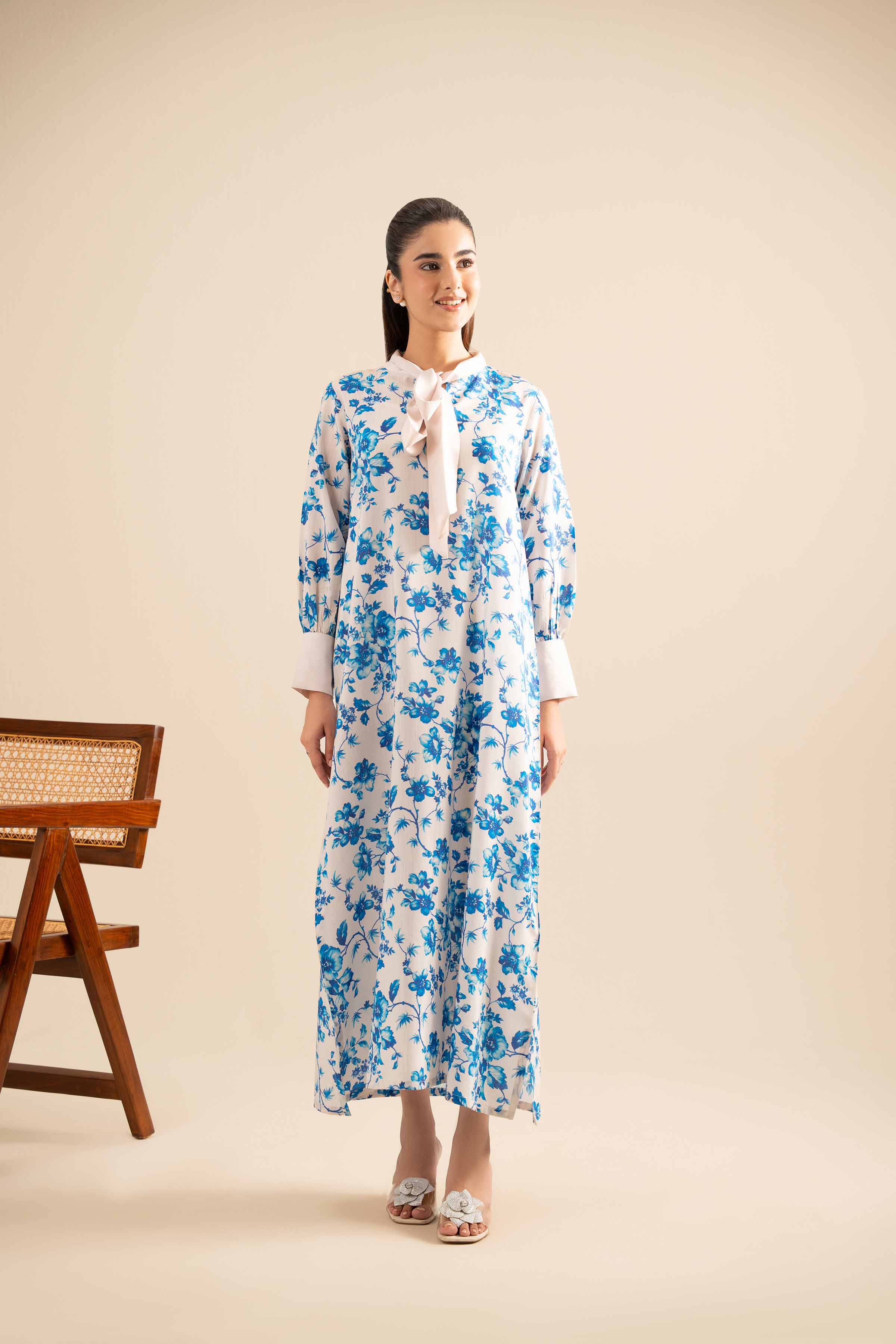 NishatUK - Beige Printed Silk 1-piece ready to wear Fustan