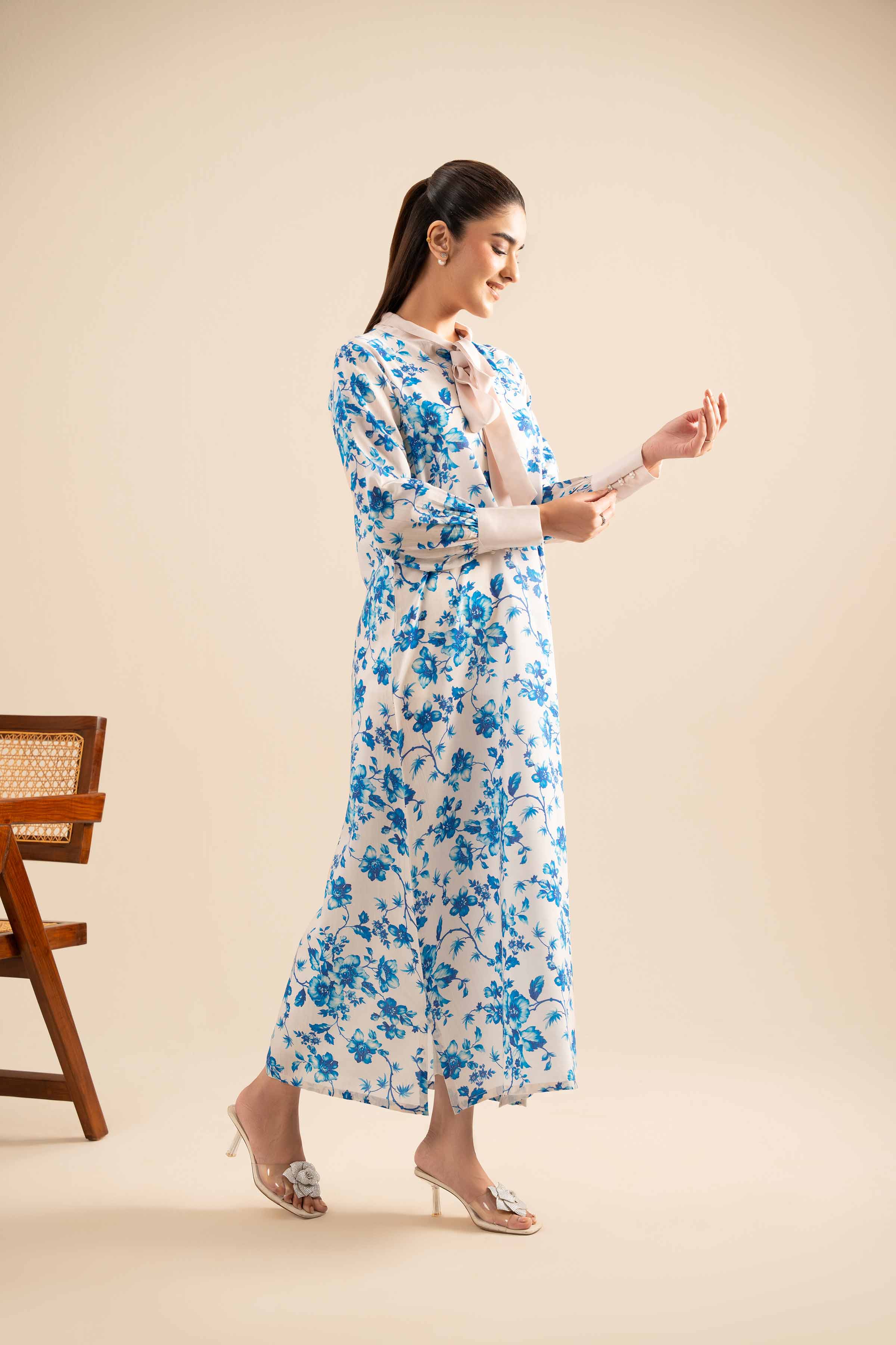 NishatUK - Beige Printed Silk 1-piece ready to wear Fustan