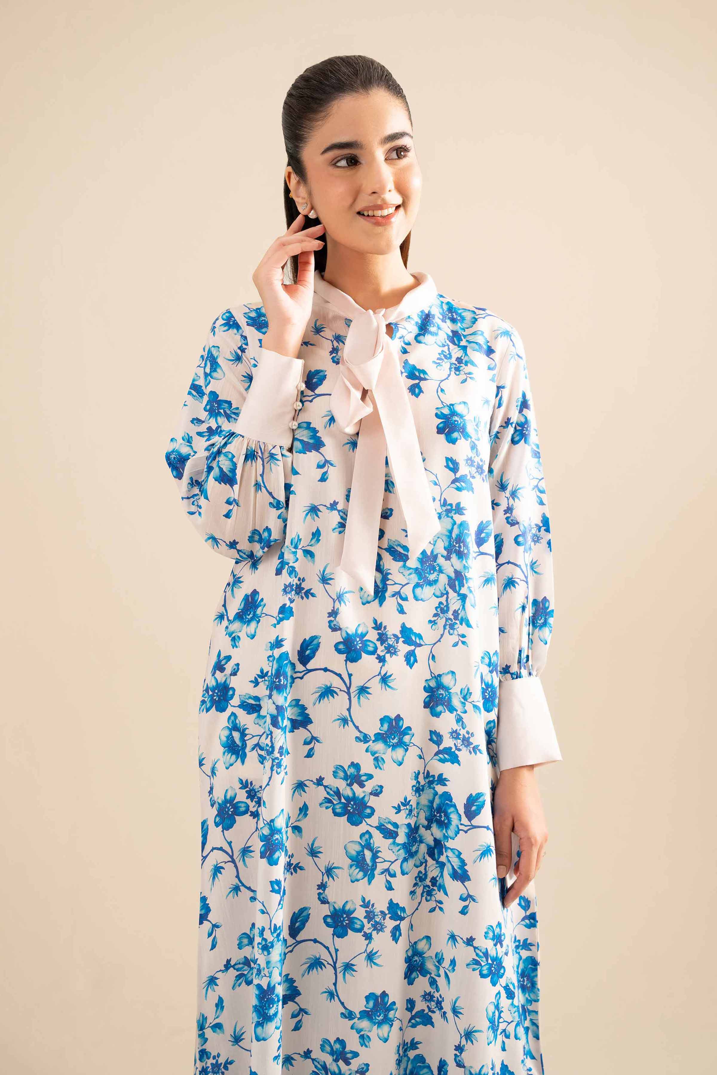 NishatUK - Beige Printed Silk 1-piece ready to wear Fustan