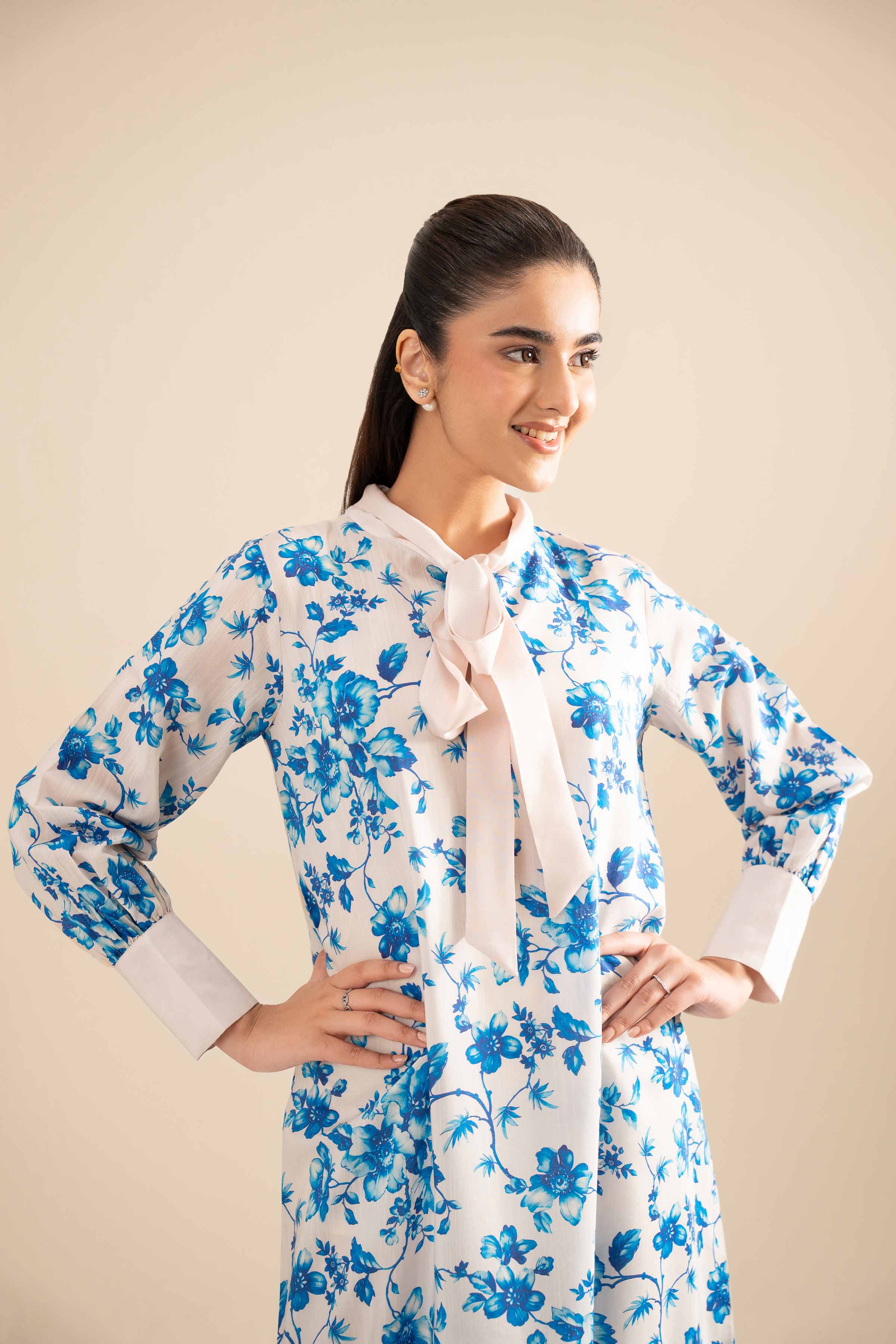 NishatUK - Beige Printed Silk 1-piece ready to wear Fustan