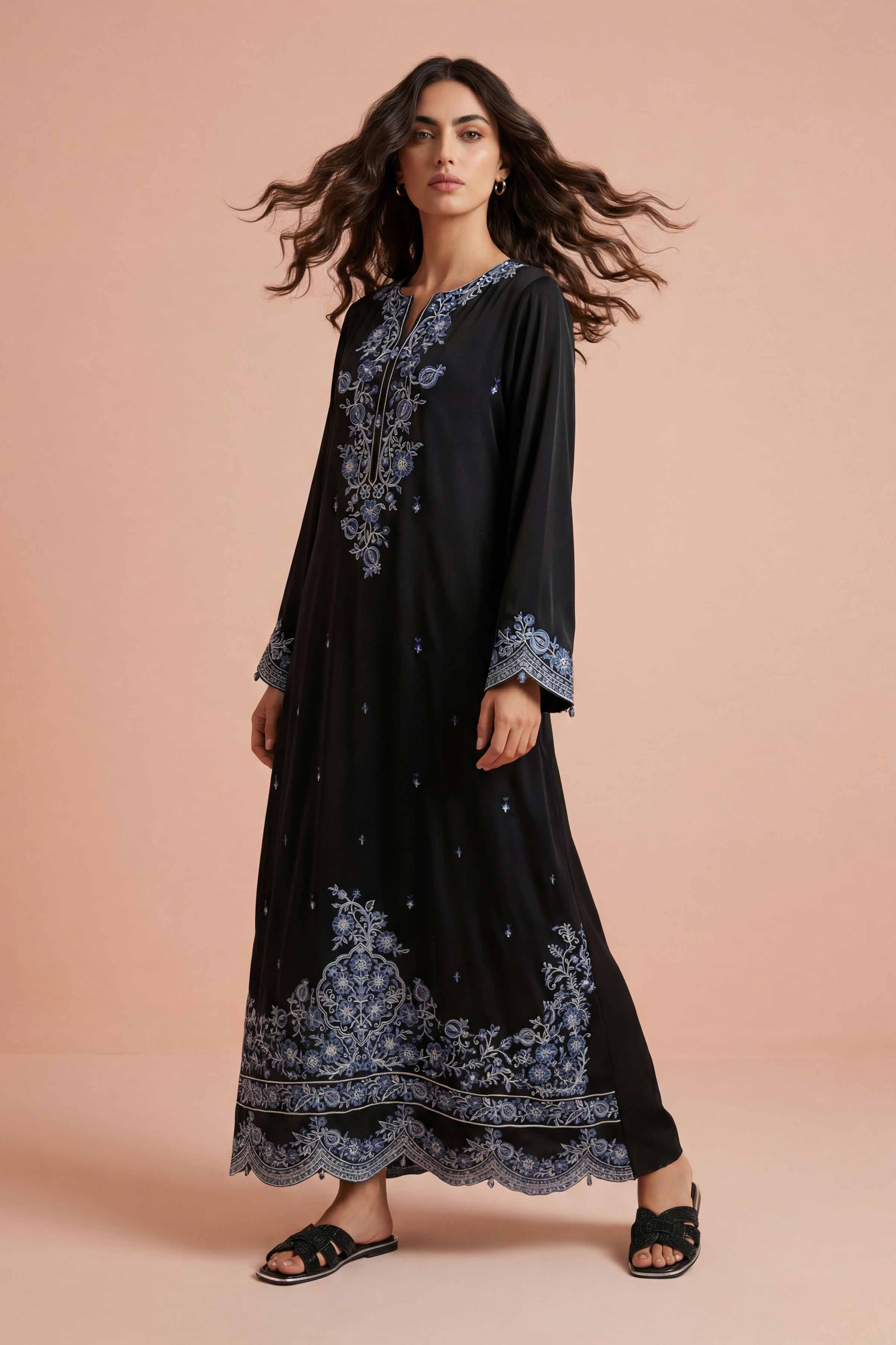 Nishat UK - Black Embroidered Georgette 1-piece ready to wear Long dress