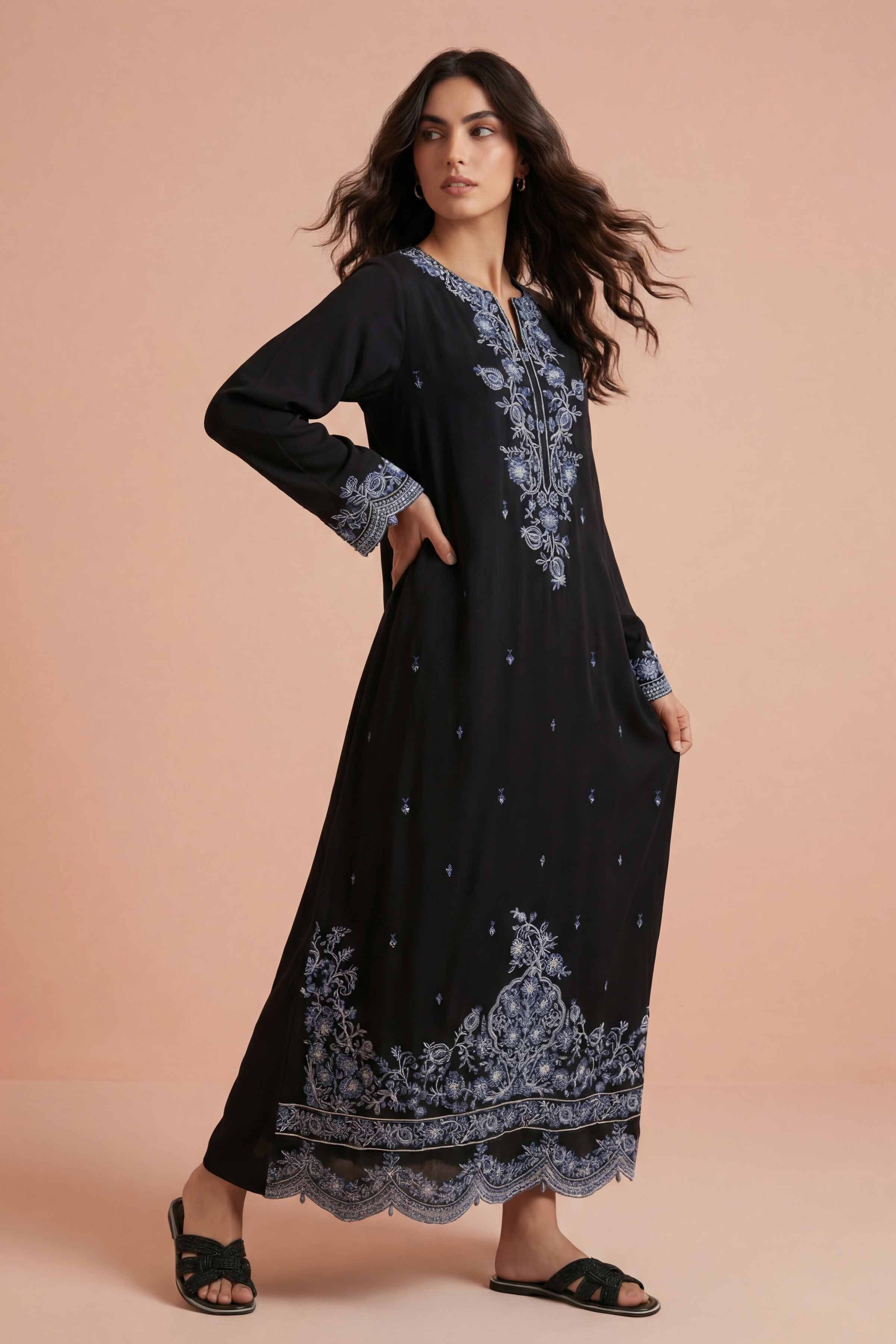 Nishat UK - Black Embroidered Georgette 1-piece ready to wear Long dress