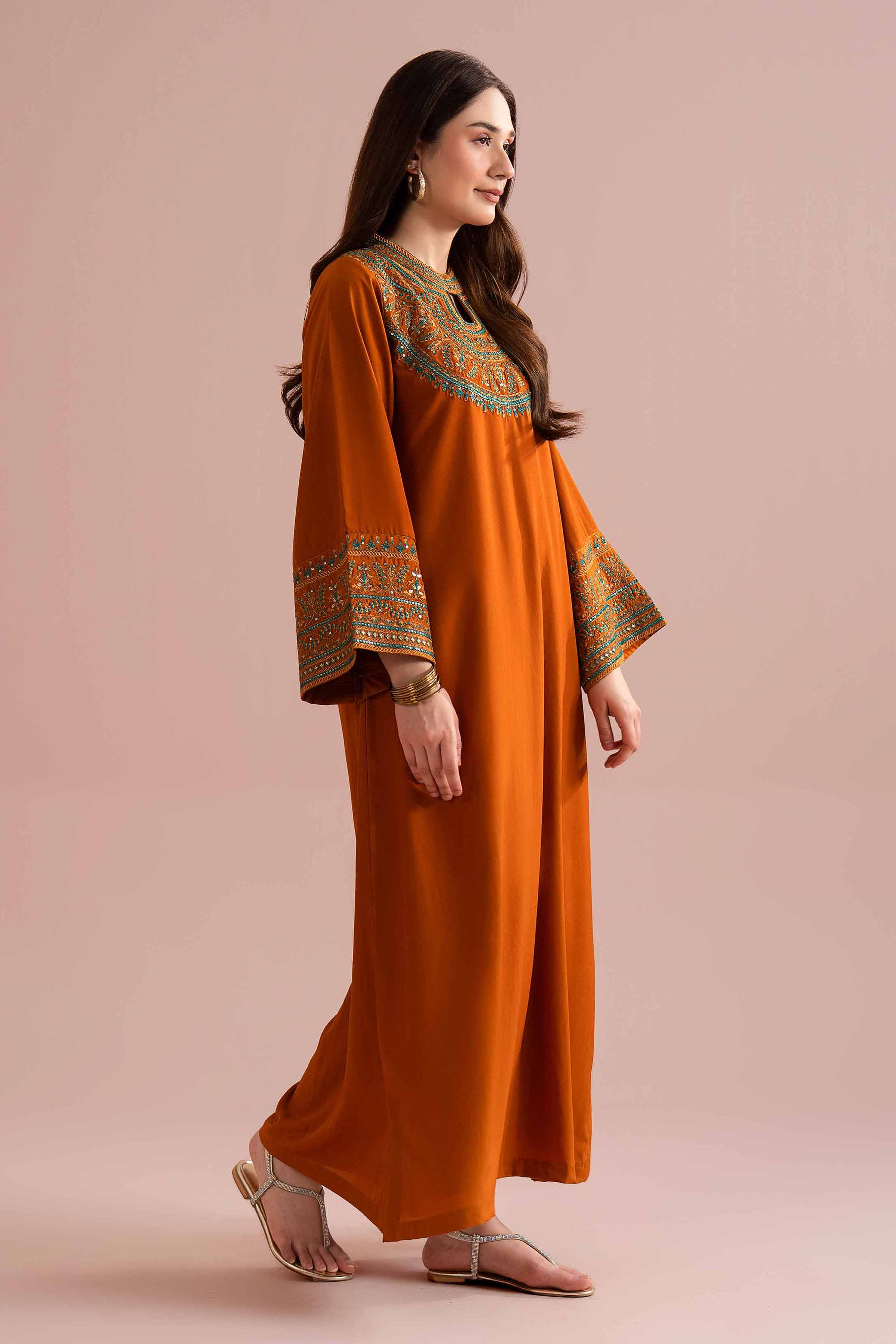 NishatUK - Orange Embroidered Fine Grip 1-piece ready to wear long dress