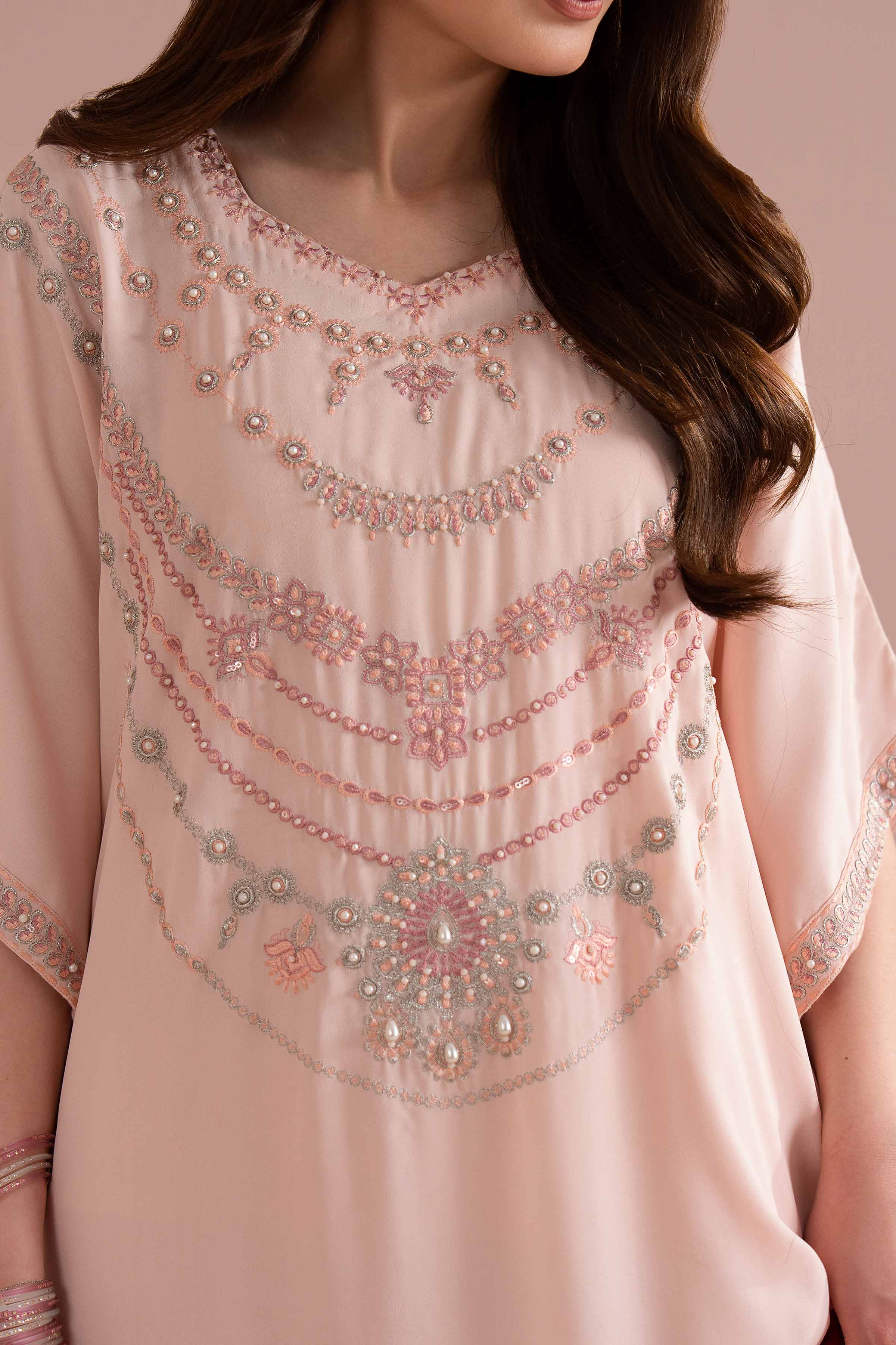 NishatUK - Pink Embroidered Georgette 1-piece ready to wear kaftan