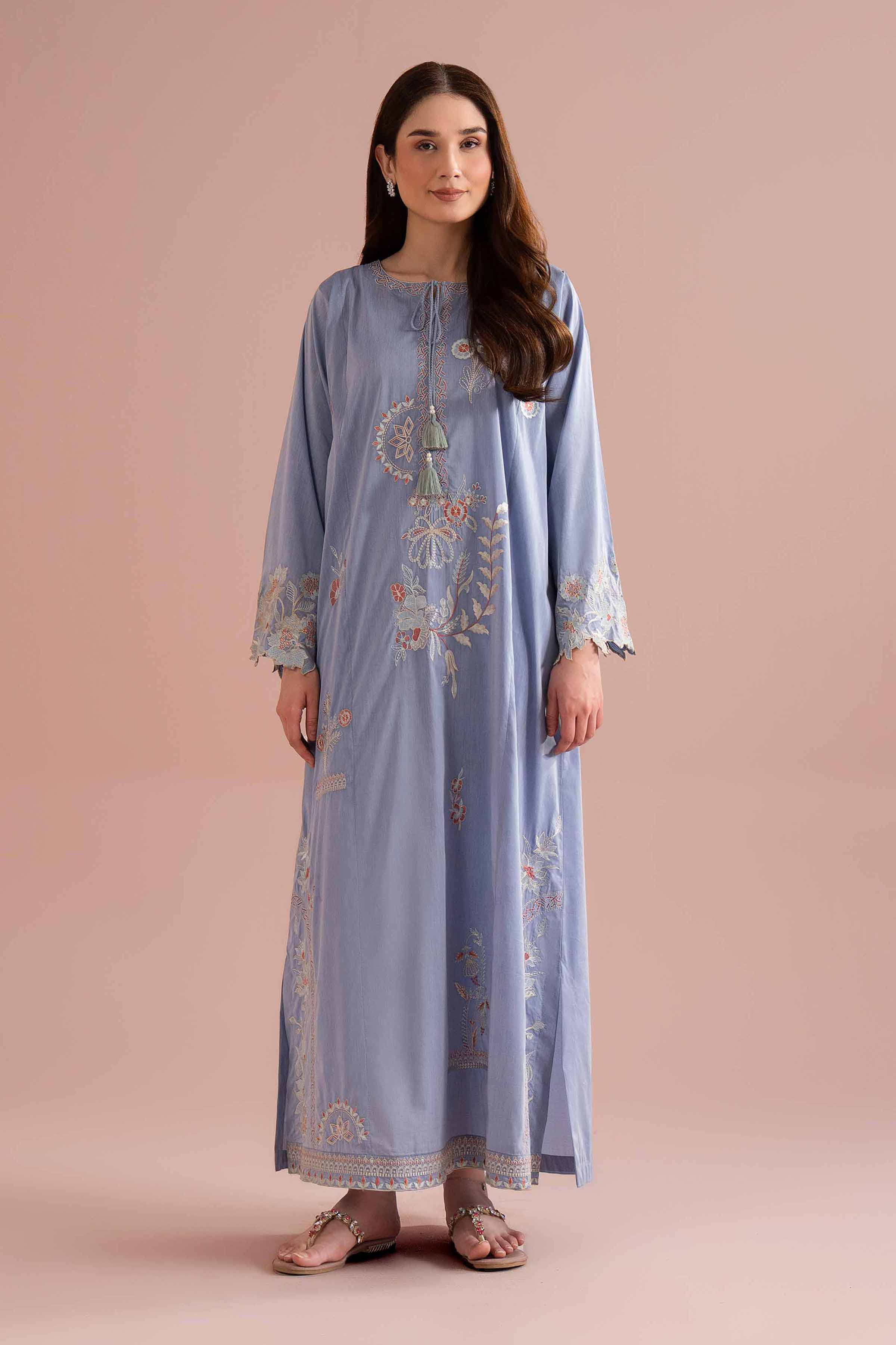Nishat UK - Blue Embroidered Chambray 1-piece ready to wear Long dress