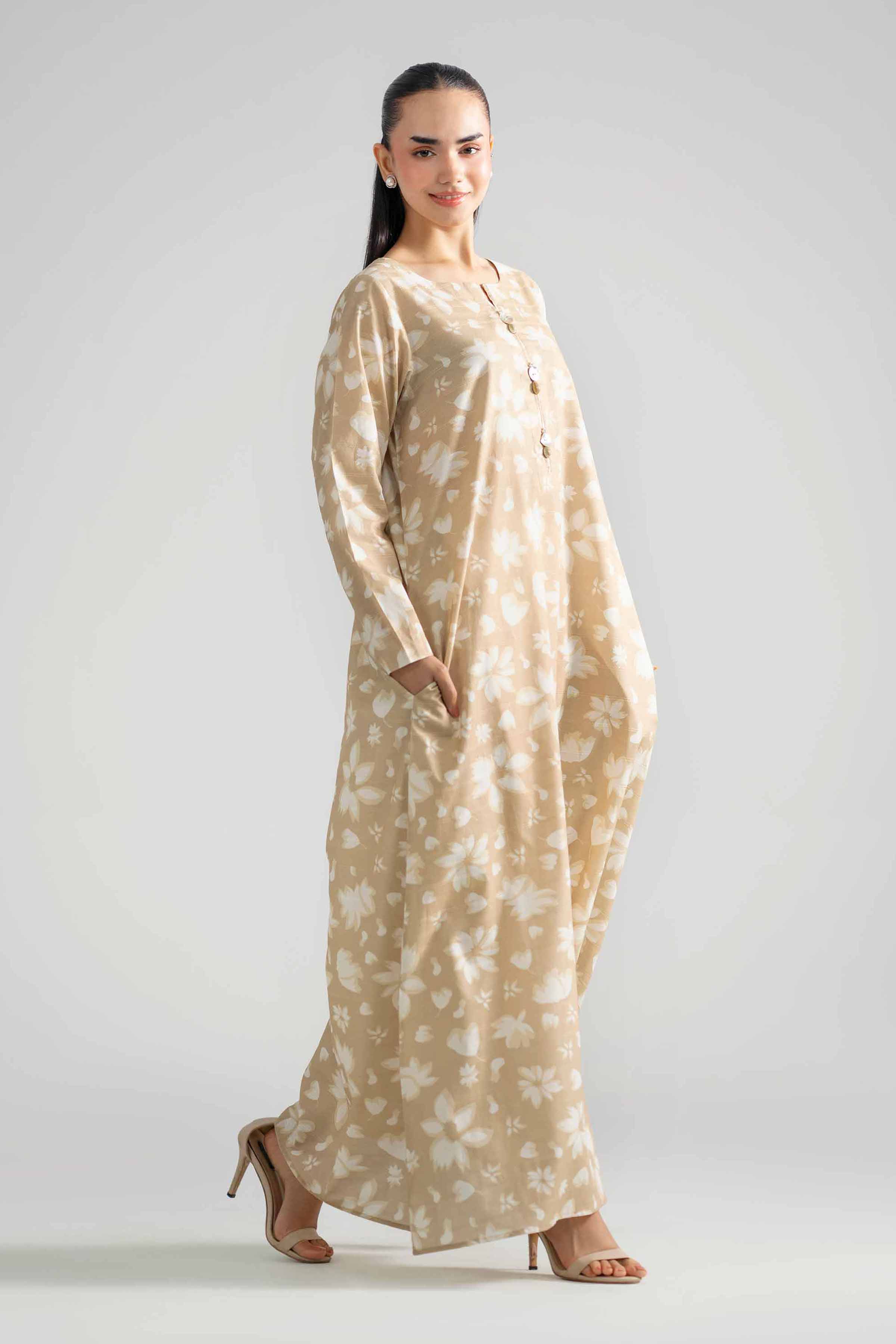 Nishat UK - Beige Printed Lawn 1-piece ready to wear long dress