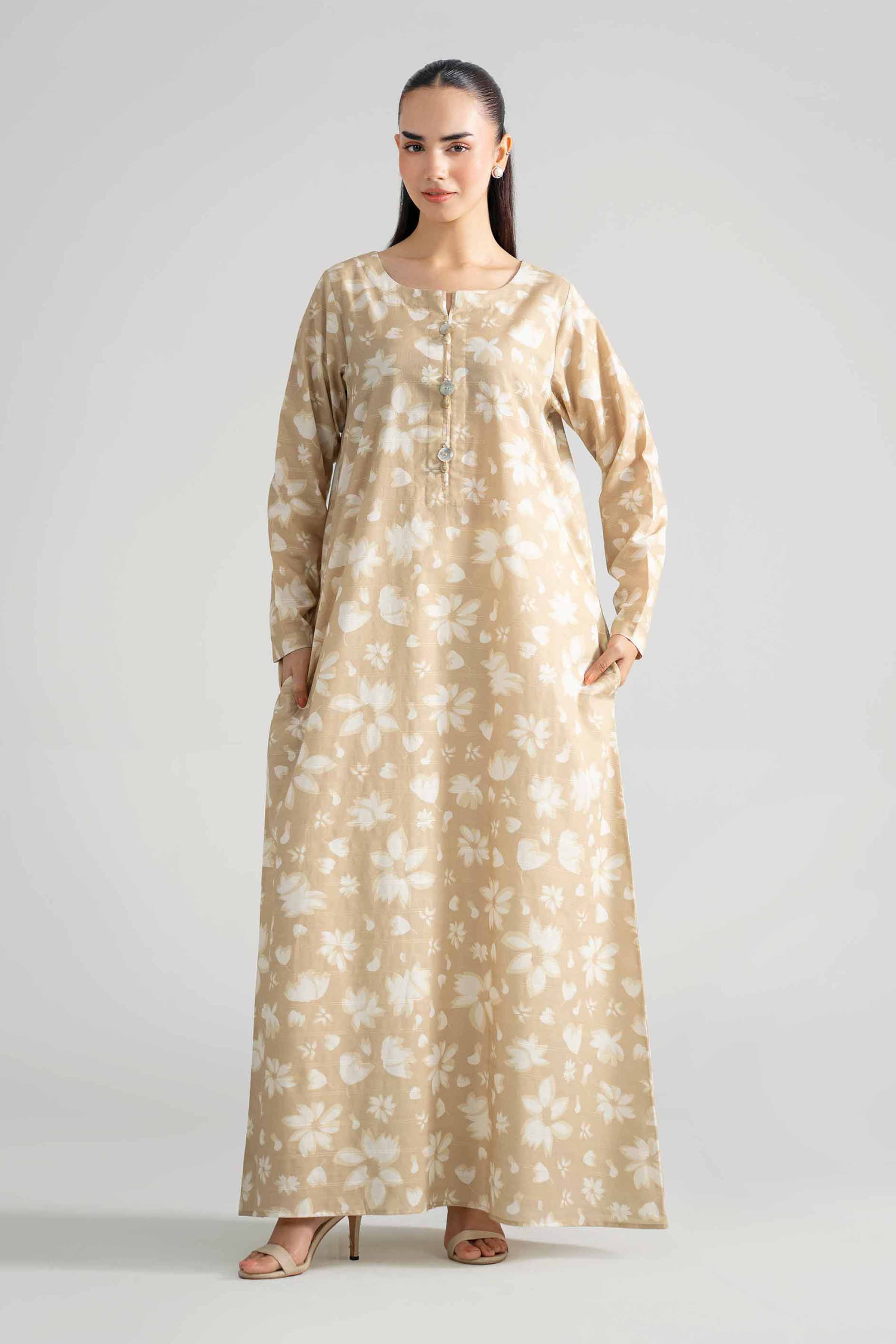 Nishat UK - Beige Printed Lawn 1-piece ready to wear long dress