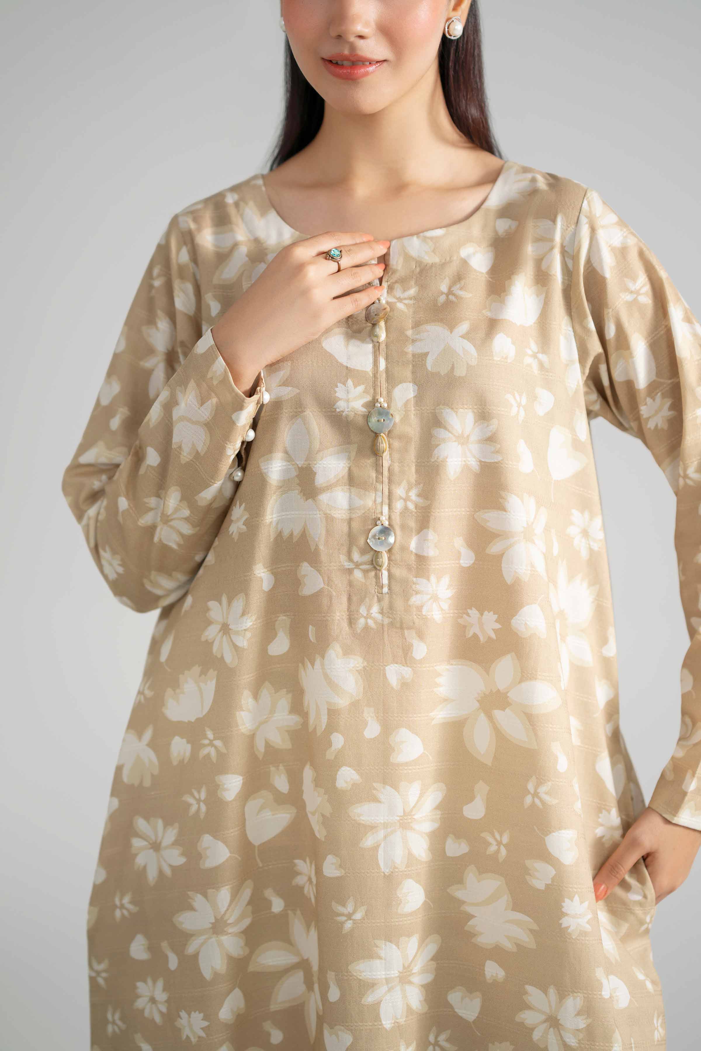 Nishat UK - Beige Printed Lawn 1-piece ready to wear long dress