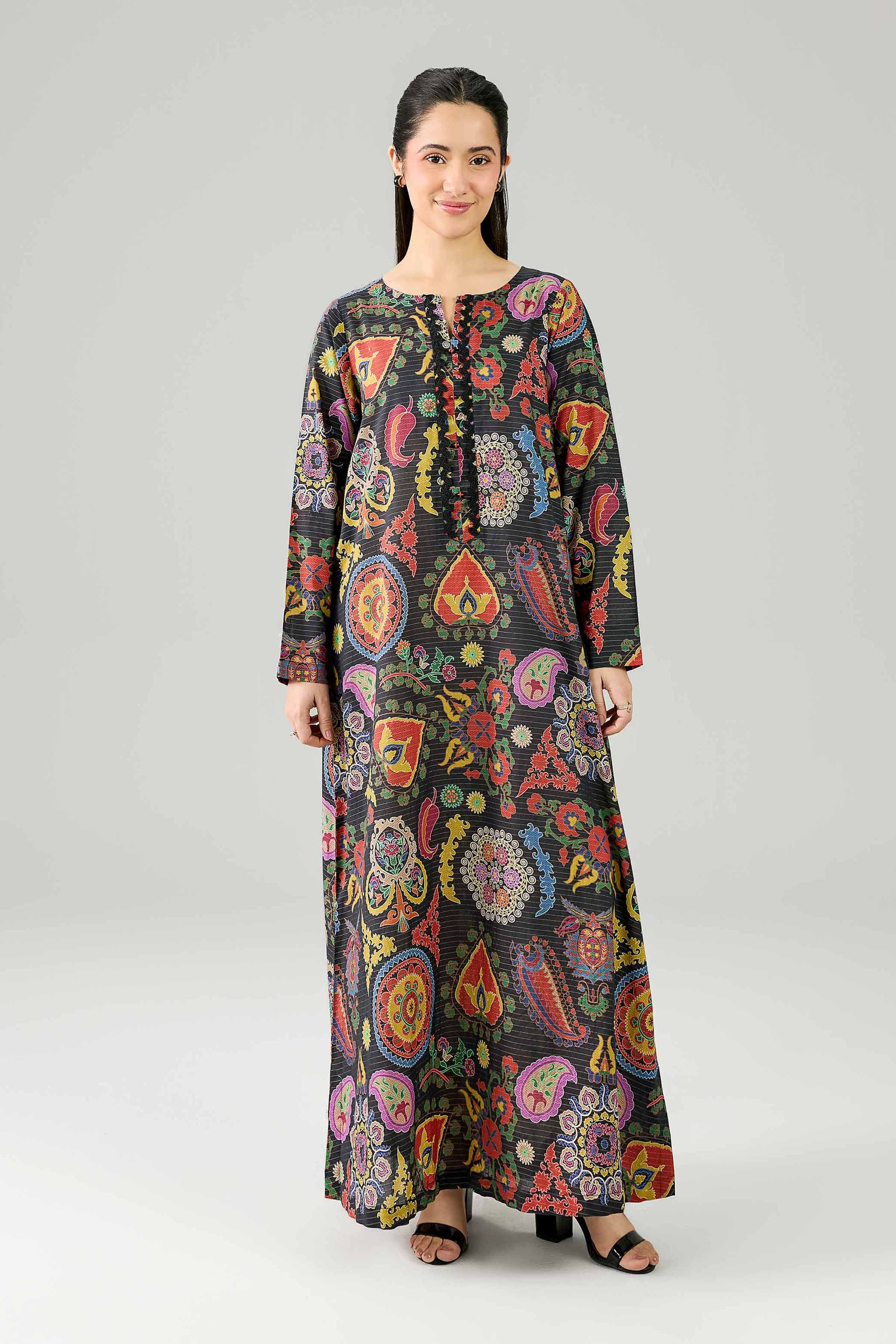 Nishat UK - Black Printed Lawn 1-piece ready to wear Long dress