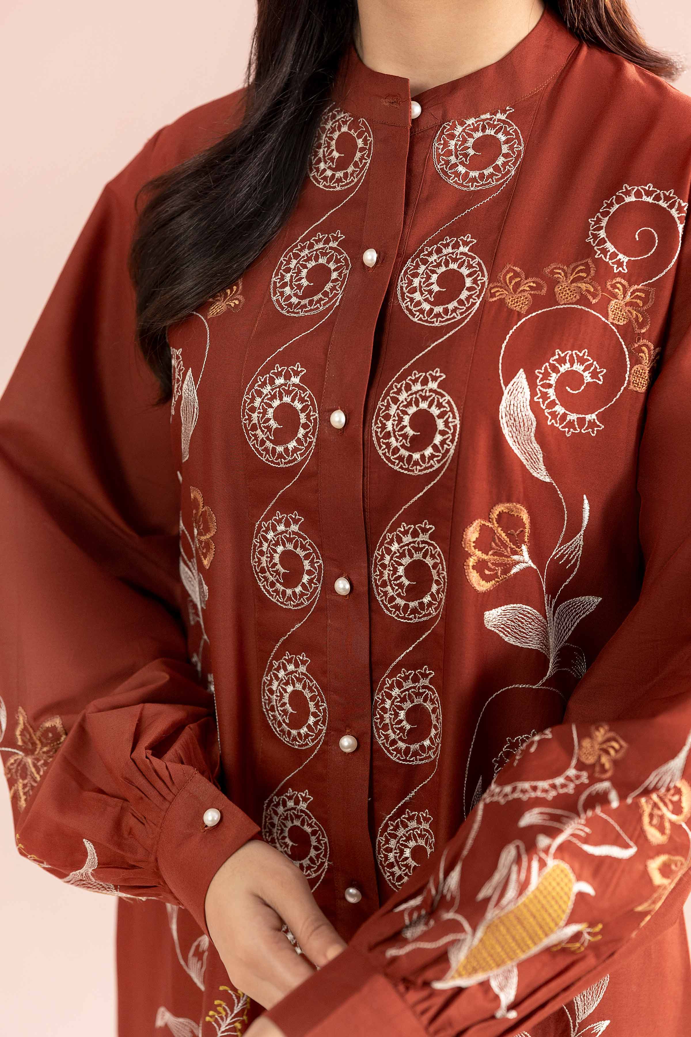 Nishat UK - Brown Embroidered Cambric 1 Piece ready to wear luxury long dress