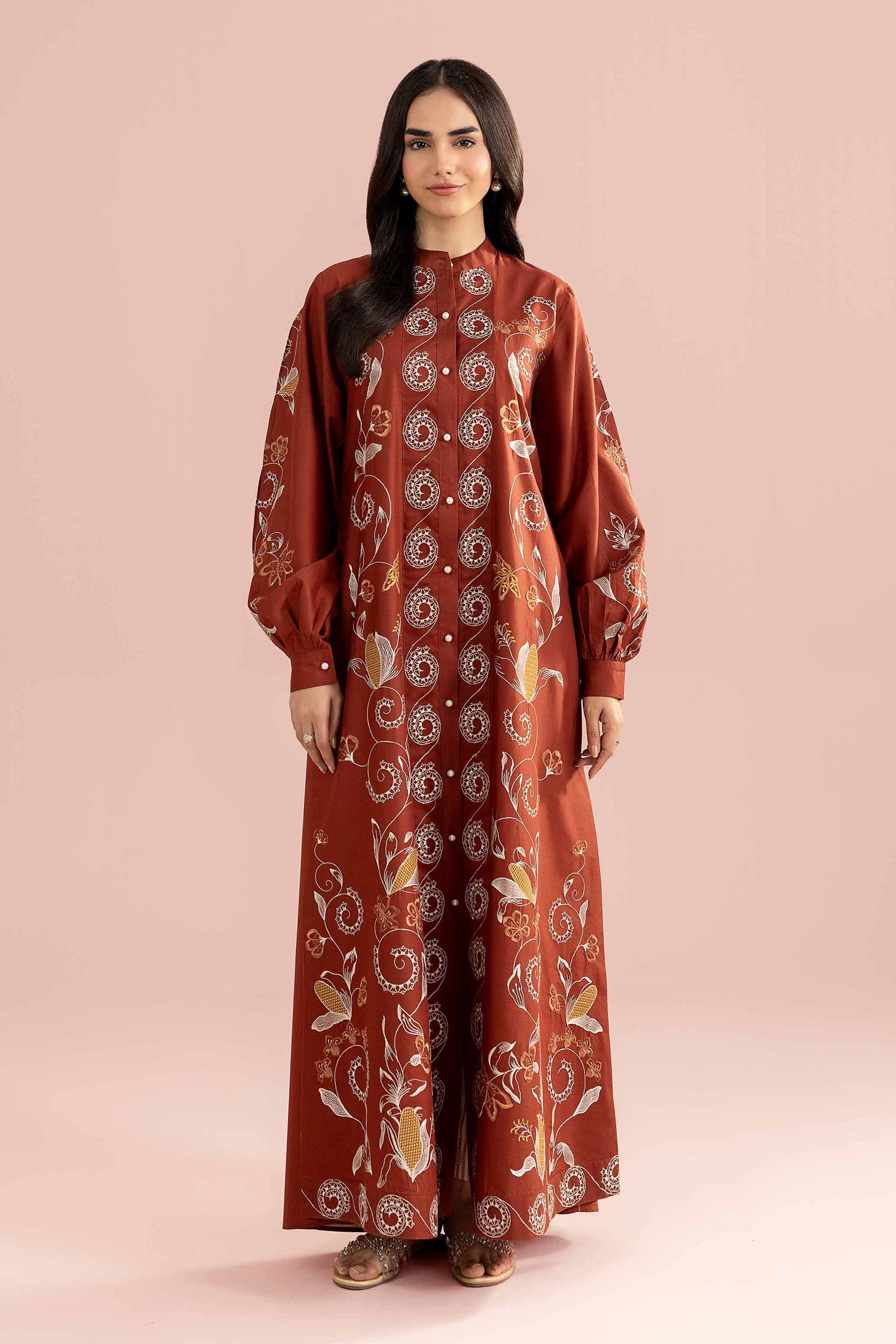 Nishat UK - Brown Embroidered Cambric 1 Piece ready to wear luxury long dress