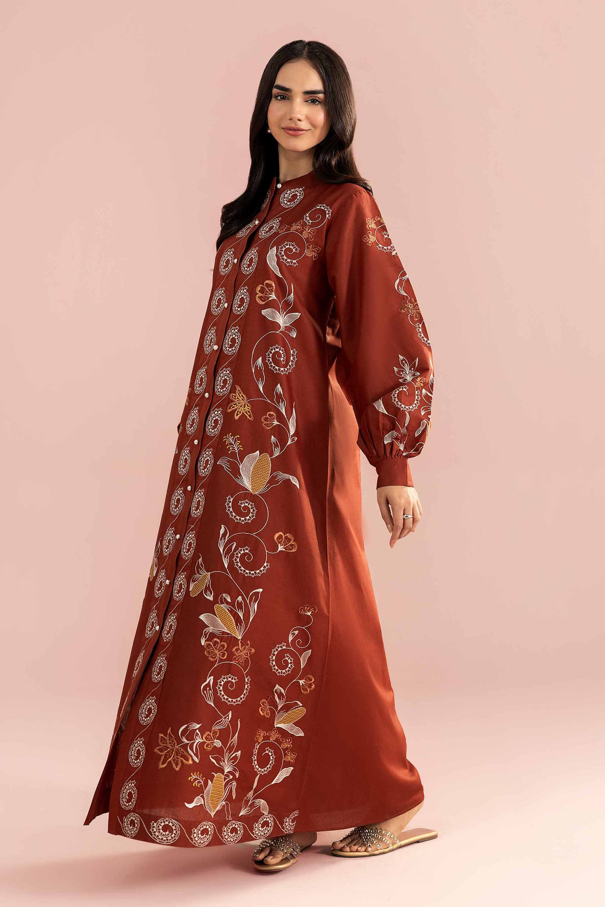 Nishat UK - Brown Embroidered Cambric 1 Piece ready to wear luxury long dress