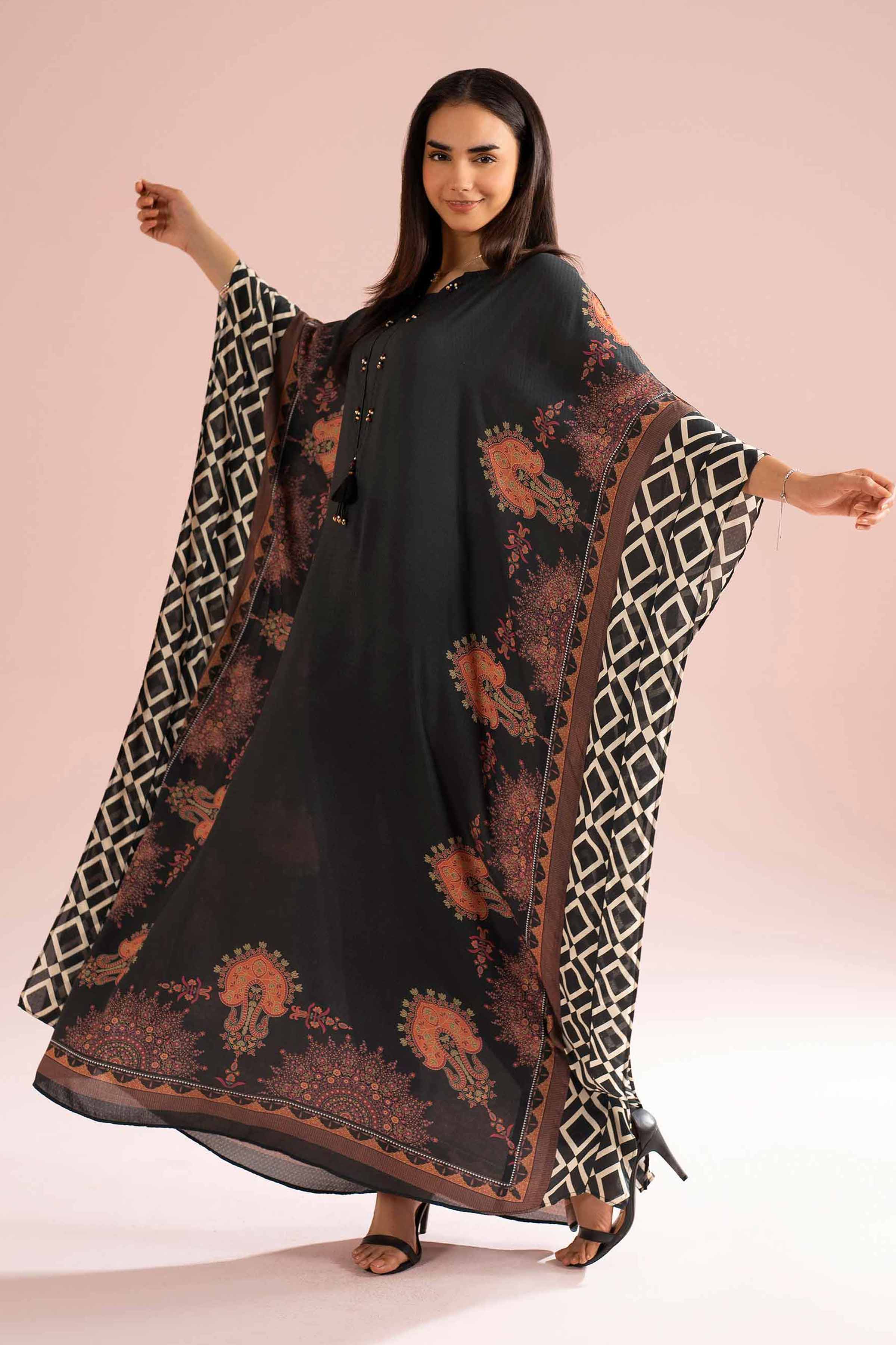 NishatUK - Black Printed Dobby 1-piece ready to wear Kaftan