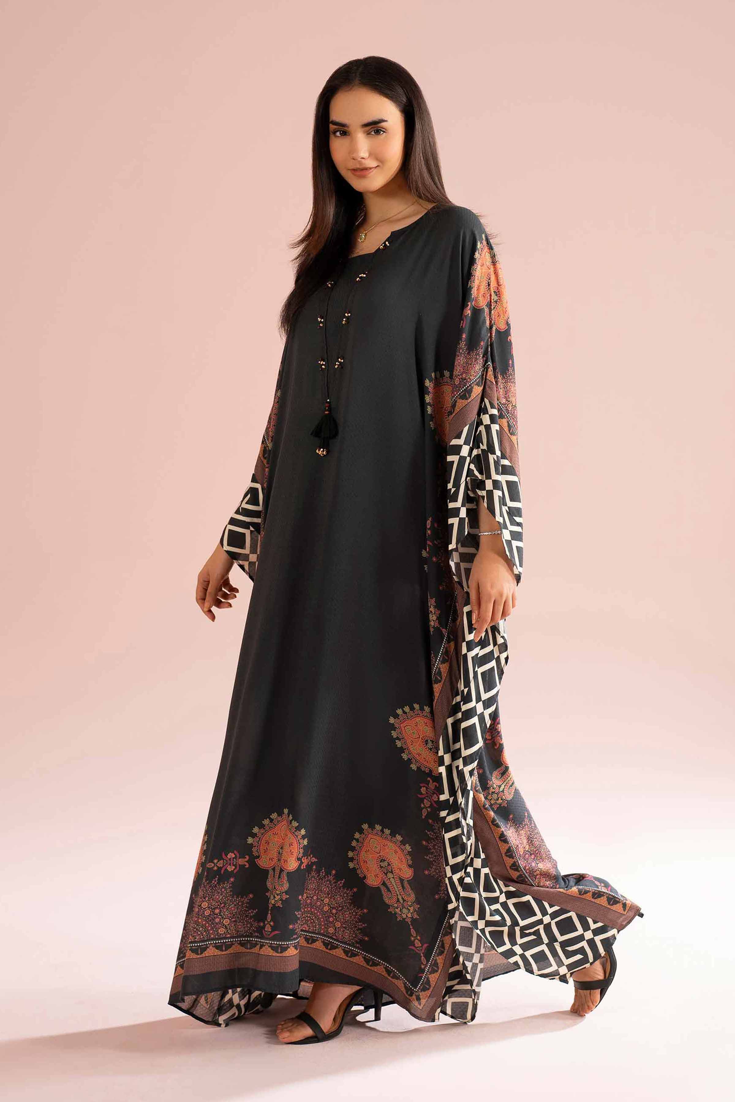 NishatUK - Black Printed Dobby 1-piece ready to wear Kaftan