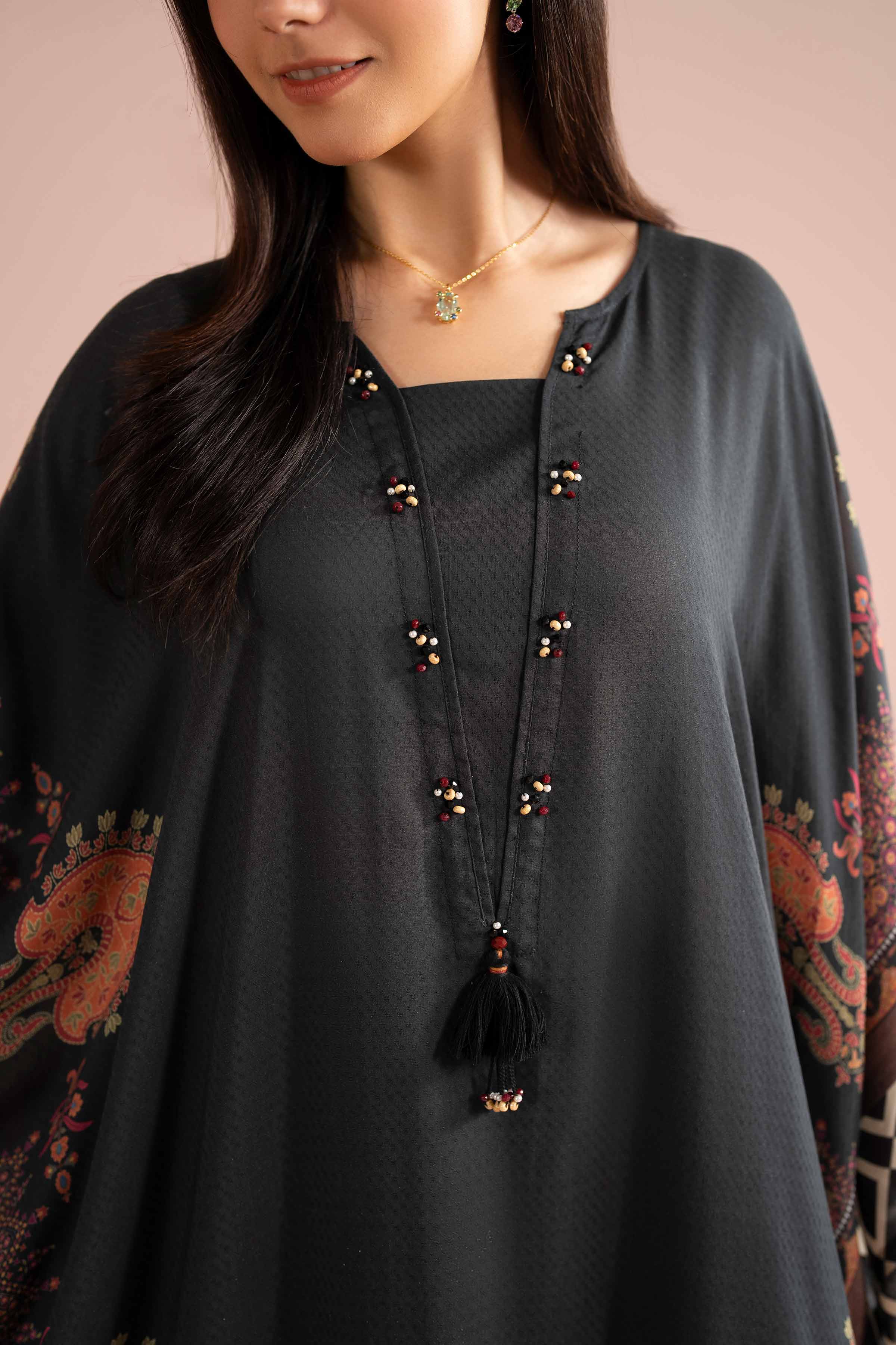 NishatUK - Black Printed Dobby 1-piece ready to wear Kaftan