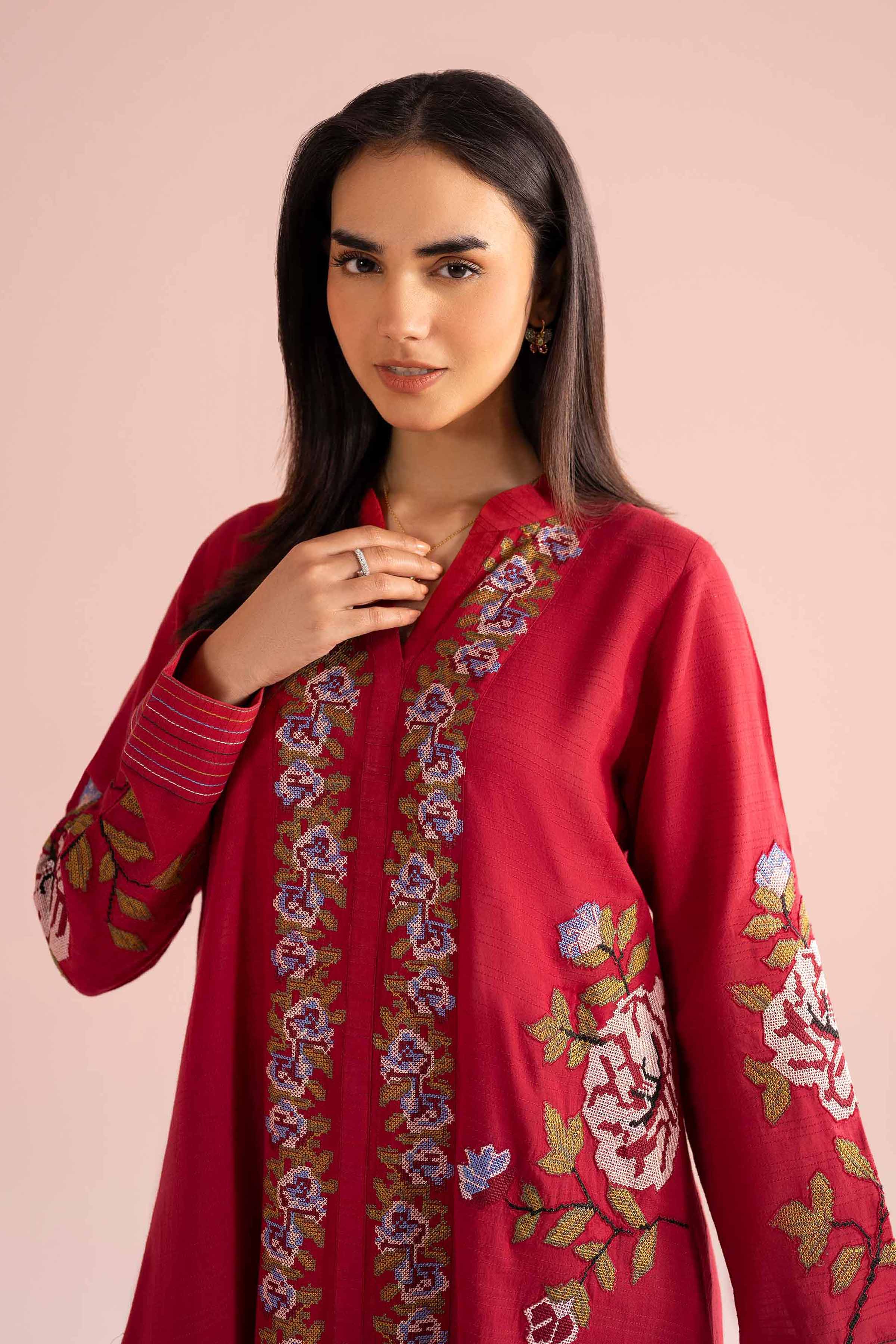 Nishat UK - Red Embroidered Dobby 1-piece ready to wear Long dress