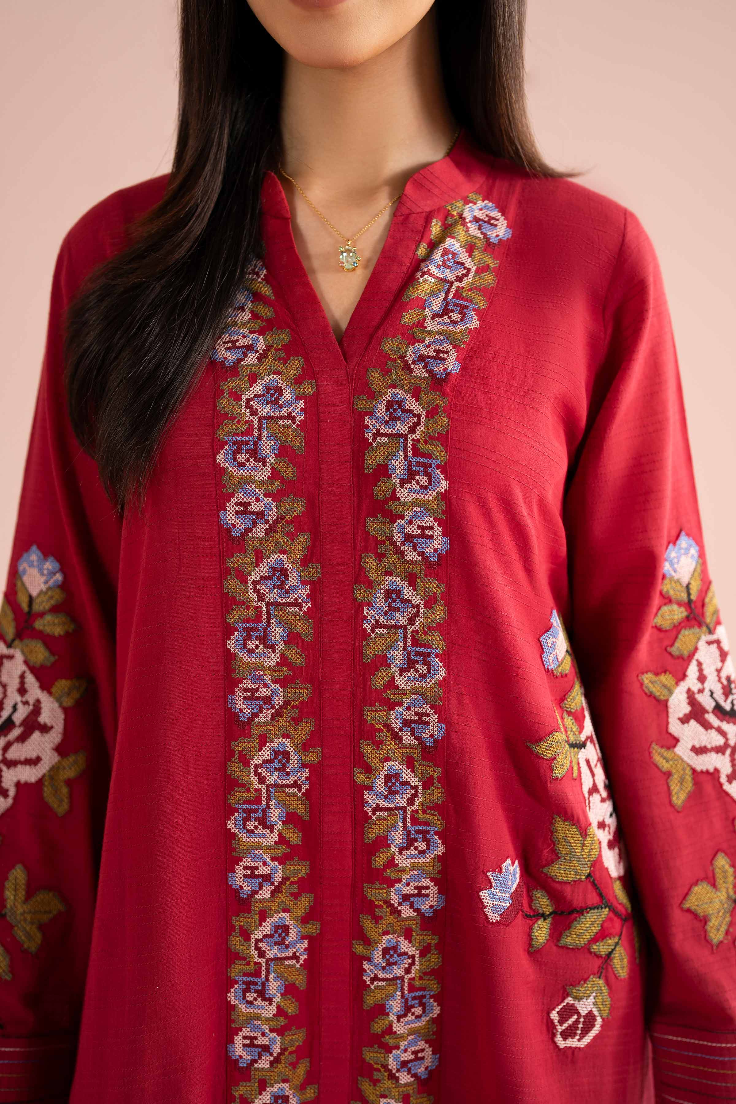 Nishat UK - Red Embroidered Dobby 1-piece ready to wear Long dress