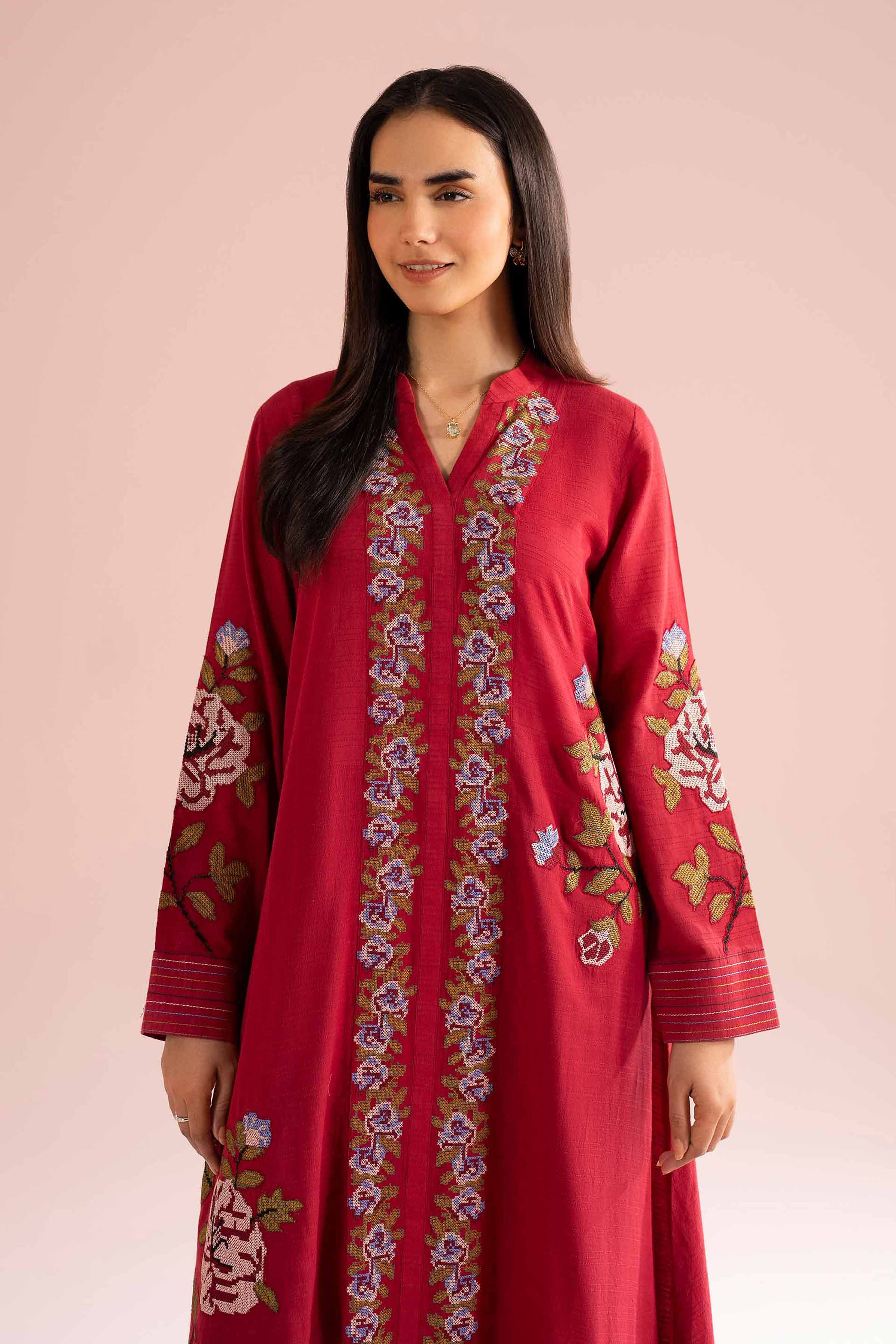 Nishat UK - Red Embroidered Dobby 1-piece ready to wear Long dress