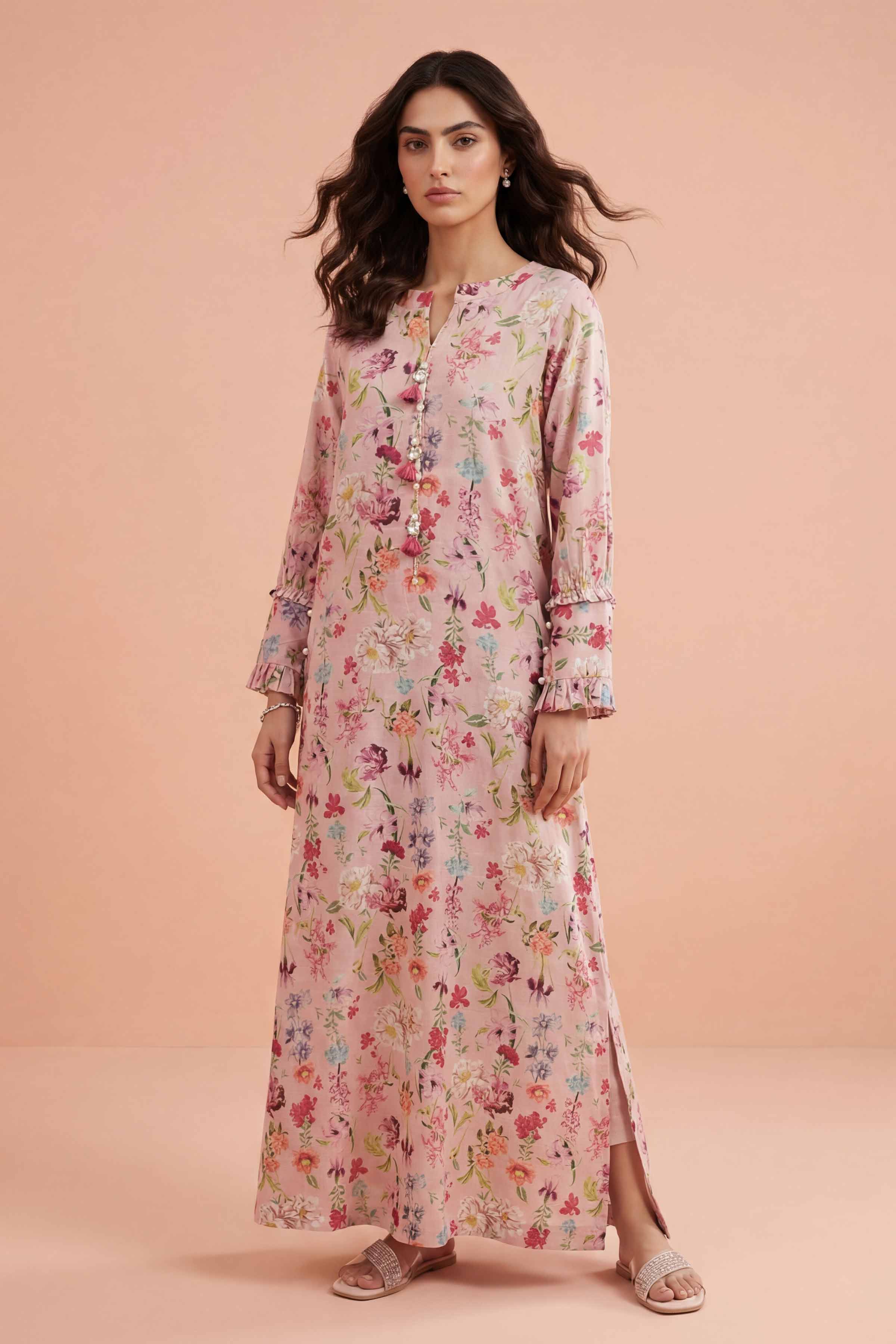 NishatUK - Pink Printed Lawn 1-piece ready to wear long dress