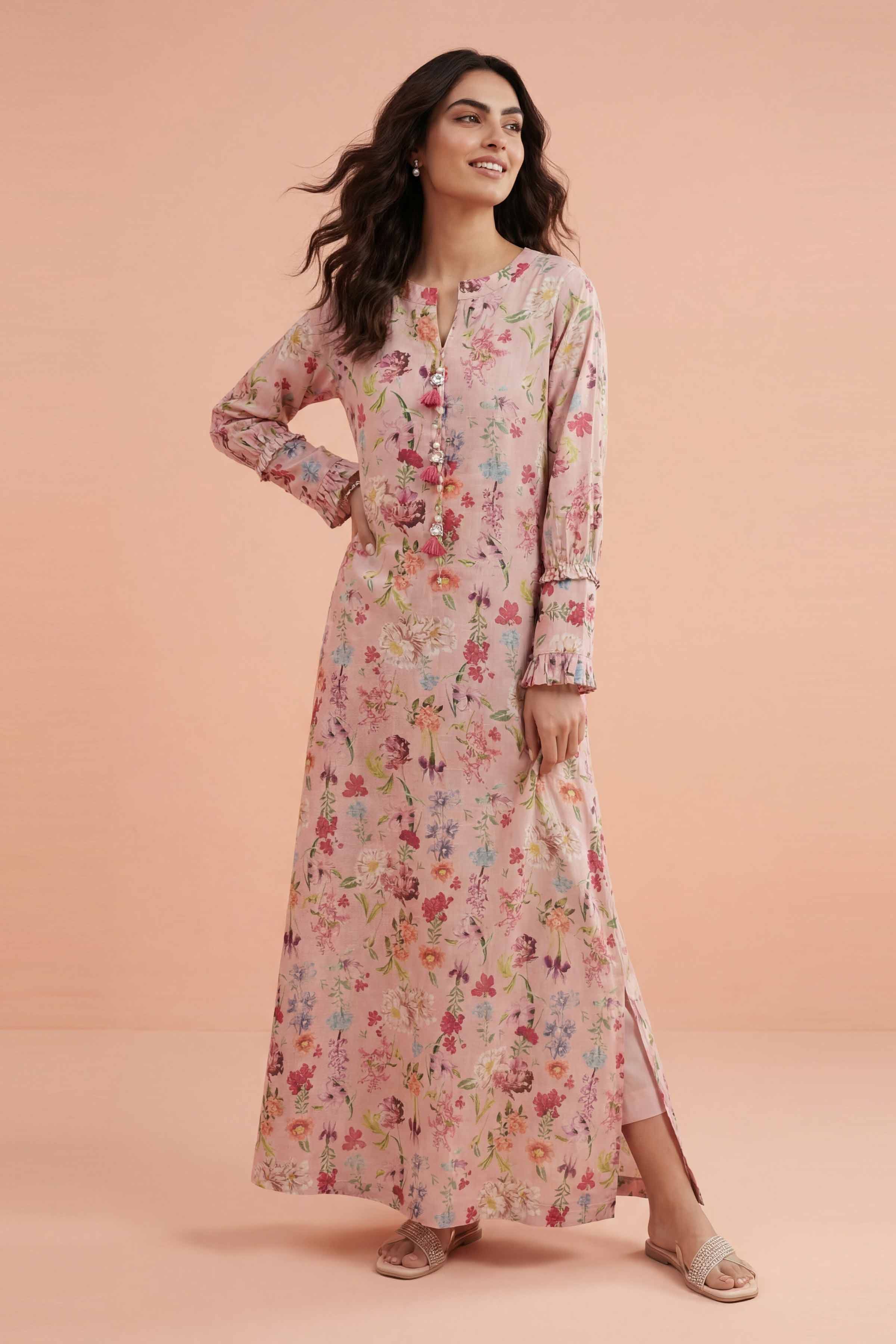 NishatUK - Pink Printed Lawn 1-piece ready to wear long dress