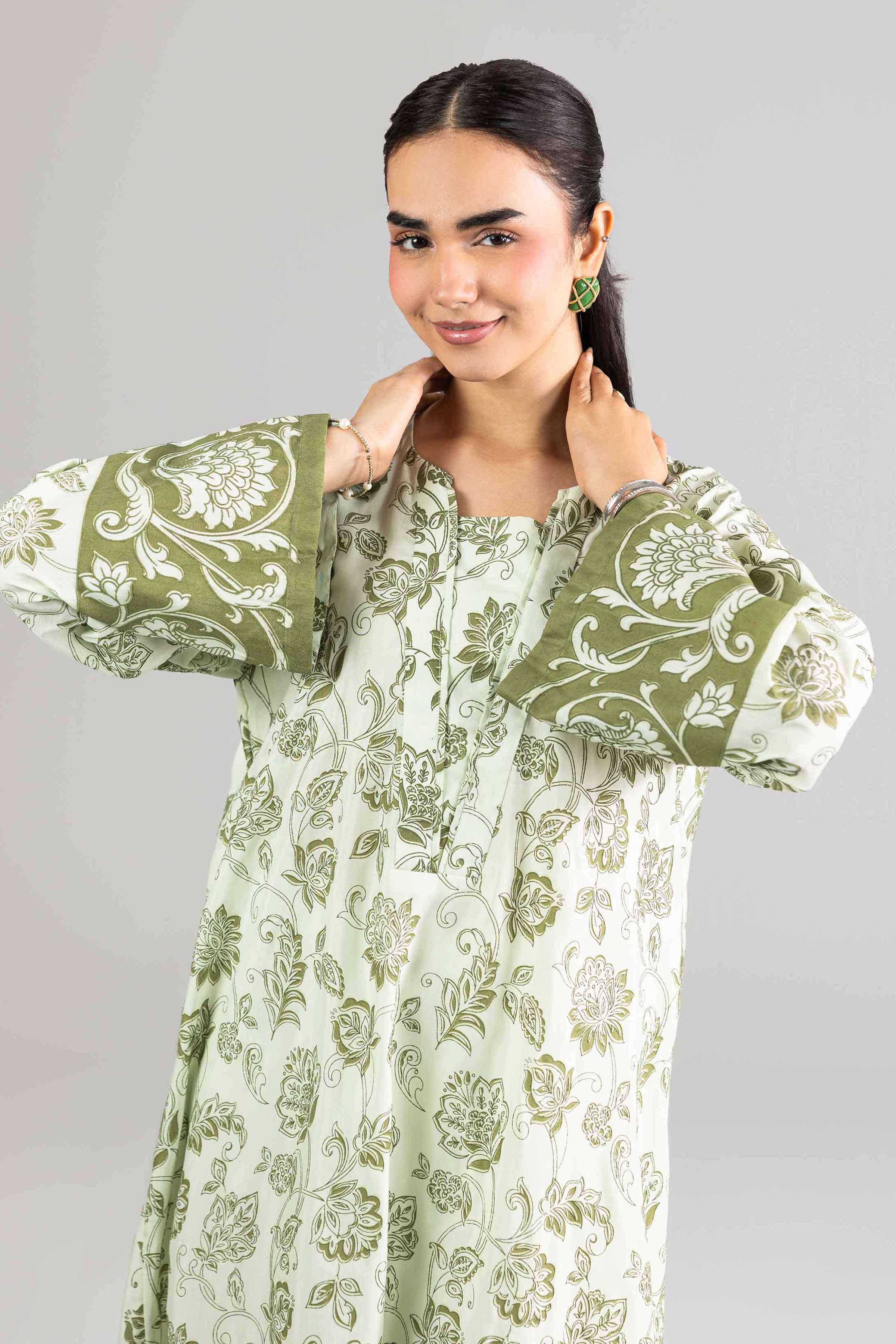 Nishat UK - Green Printed Silk 1-piece ready to wear Long dress
