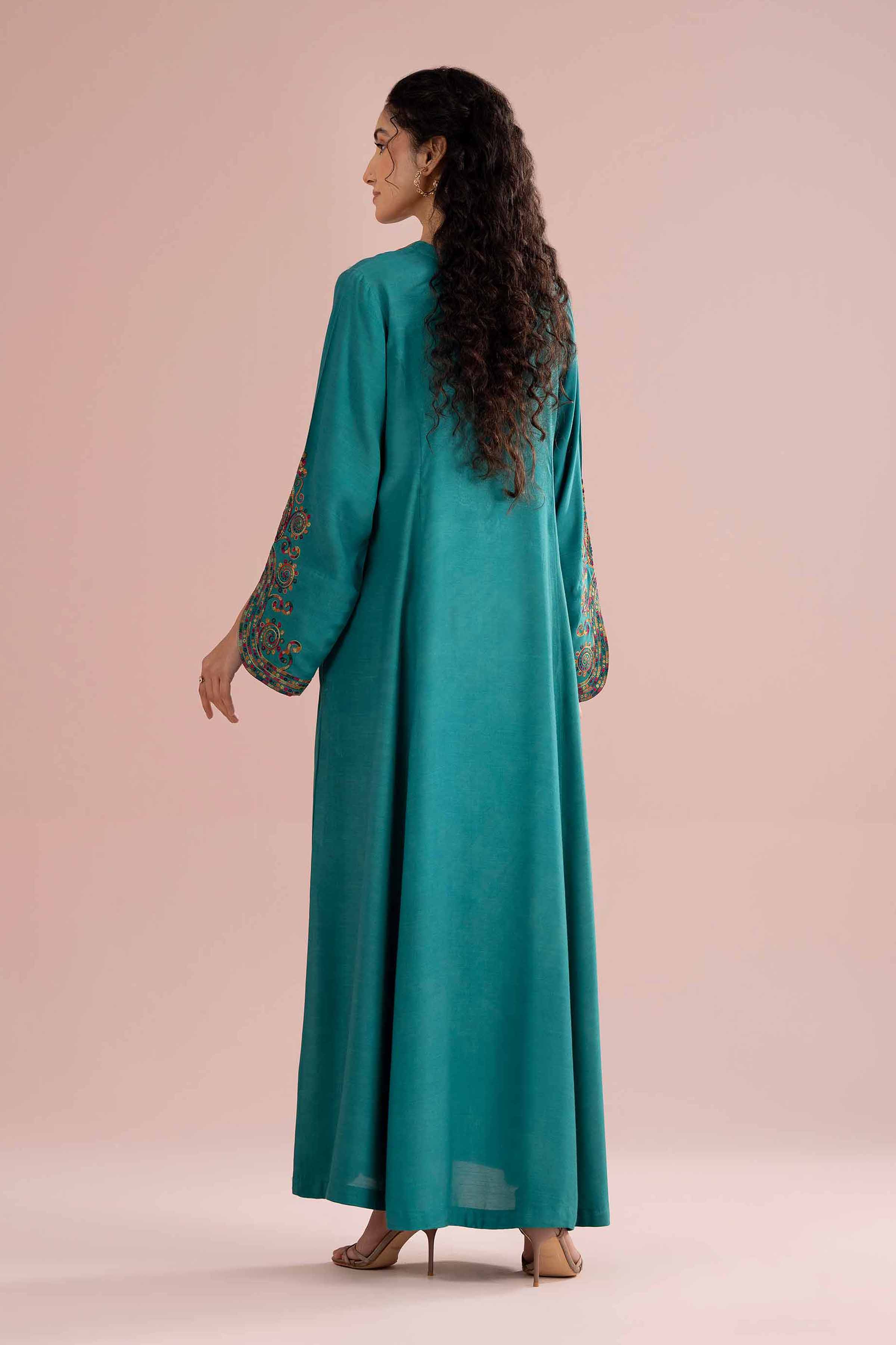 Nishat UK - Green Embroidered Raw Silk 1-piece ready to wear Long dress