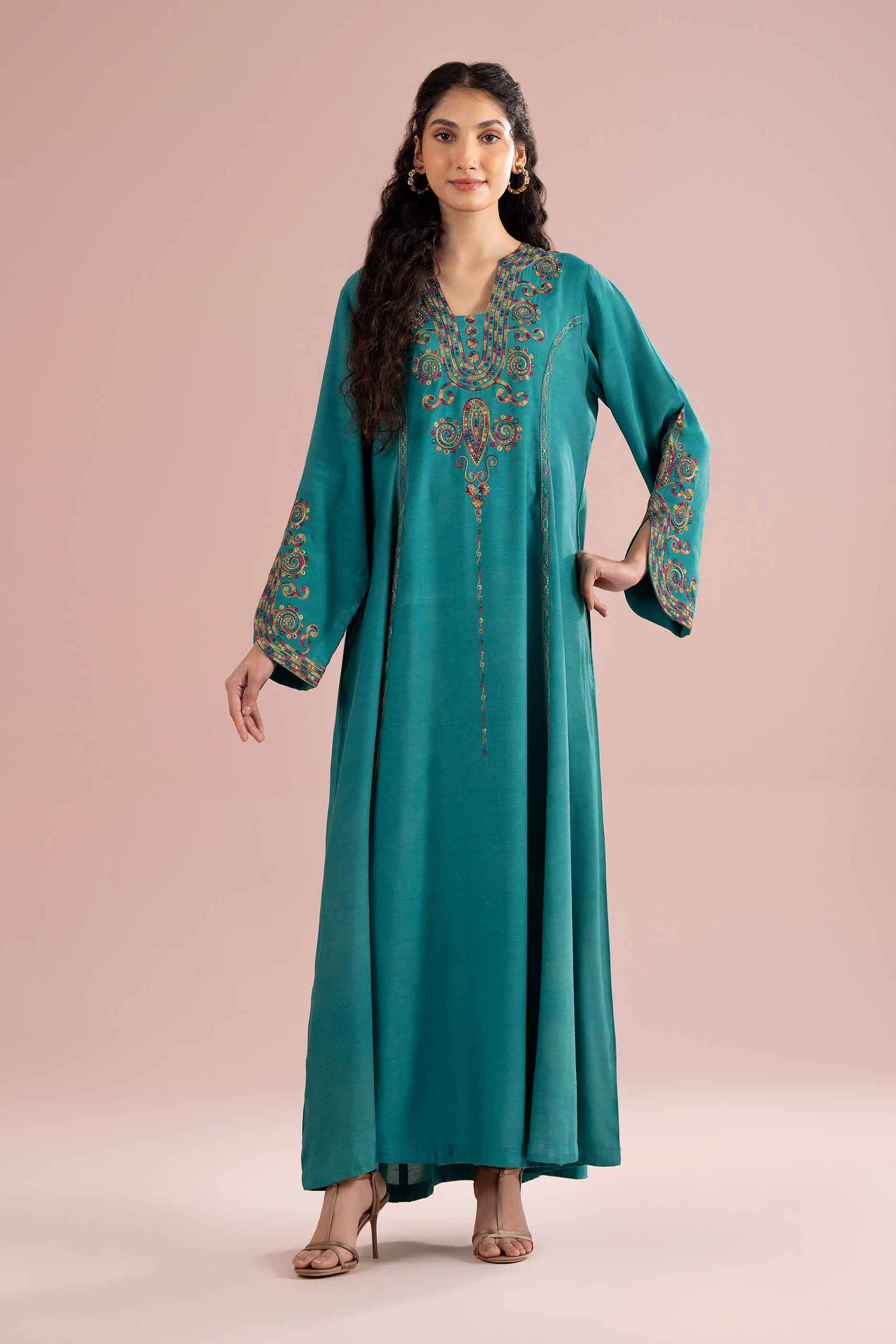Nishat UK - Green Embroidered Raw Silk 1-piece ready to wear Long dress