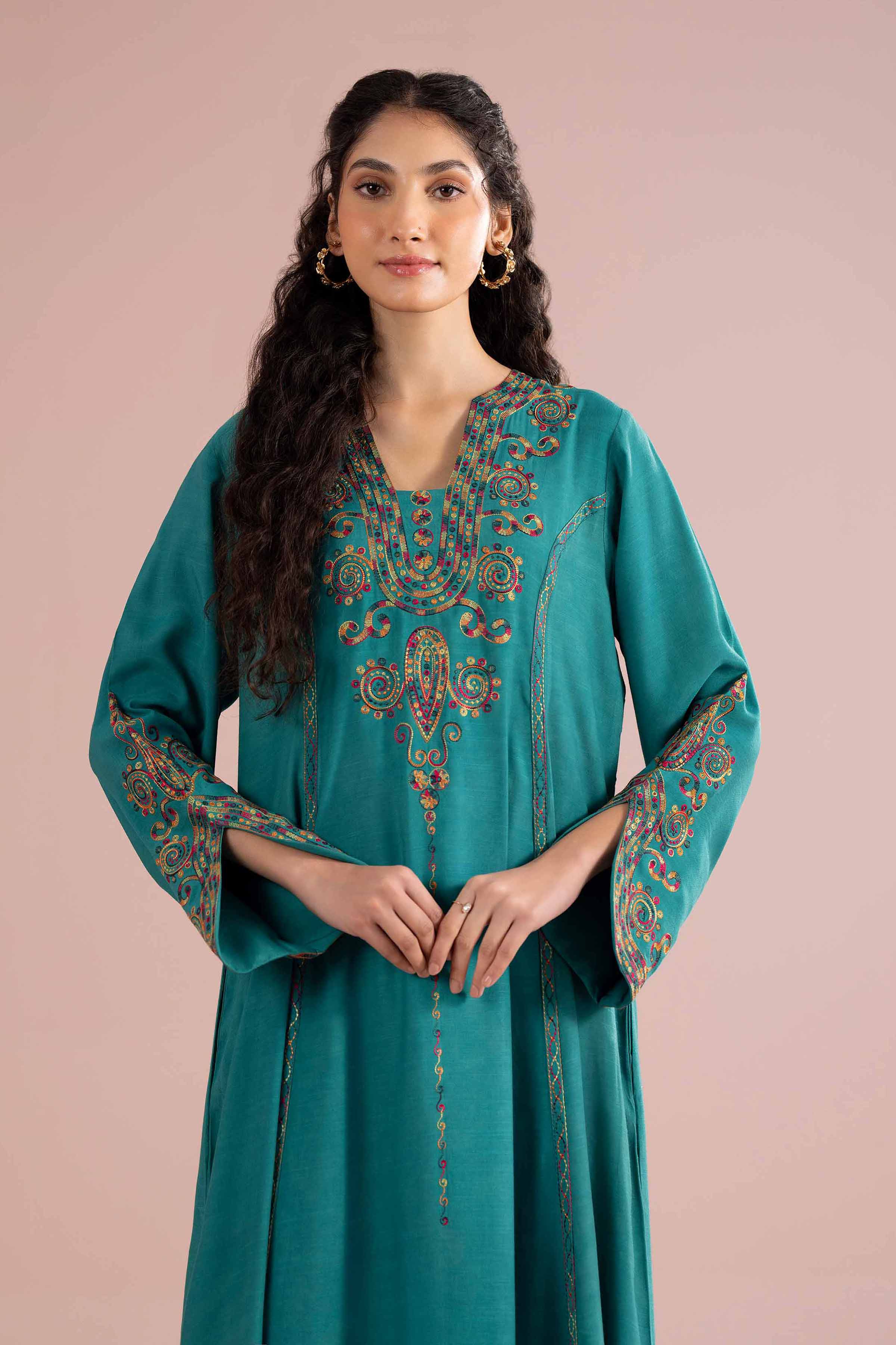 Nishat UK - Green Embroidered Raw Silk 1-piece ready to wear Long dress