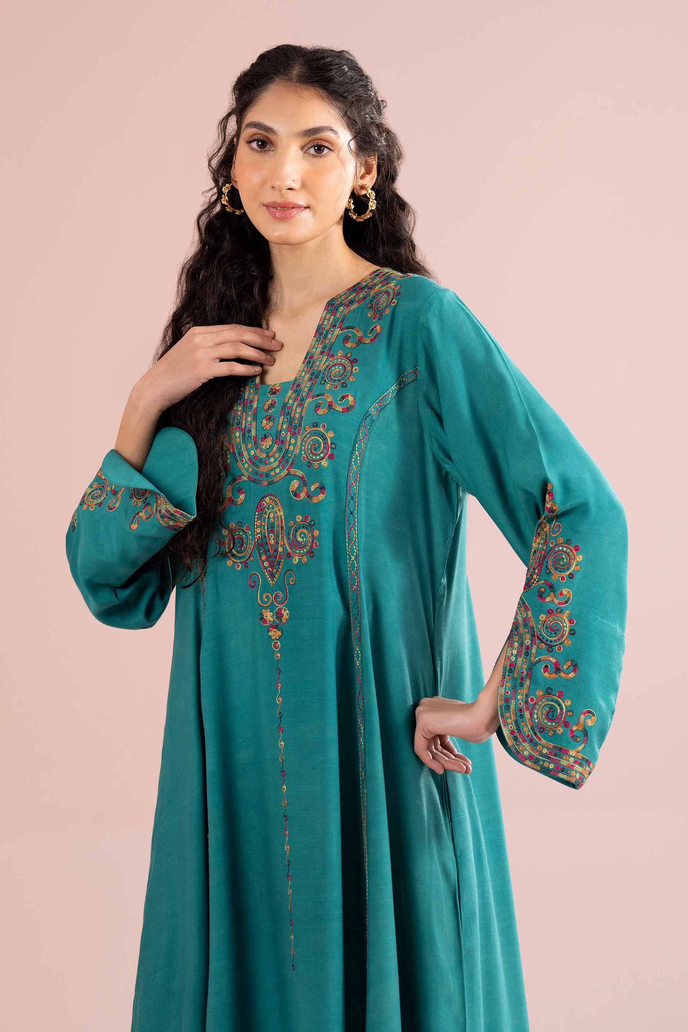 Nishat UK - Green Embroidered Raw Silk 1-piece ready to wear Long dress